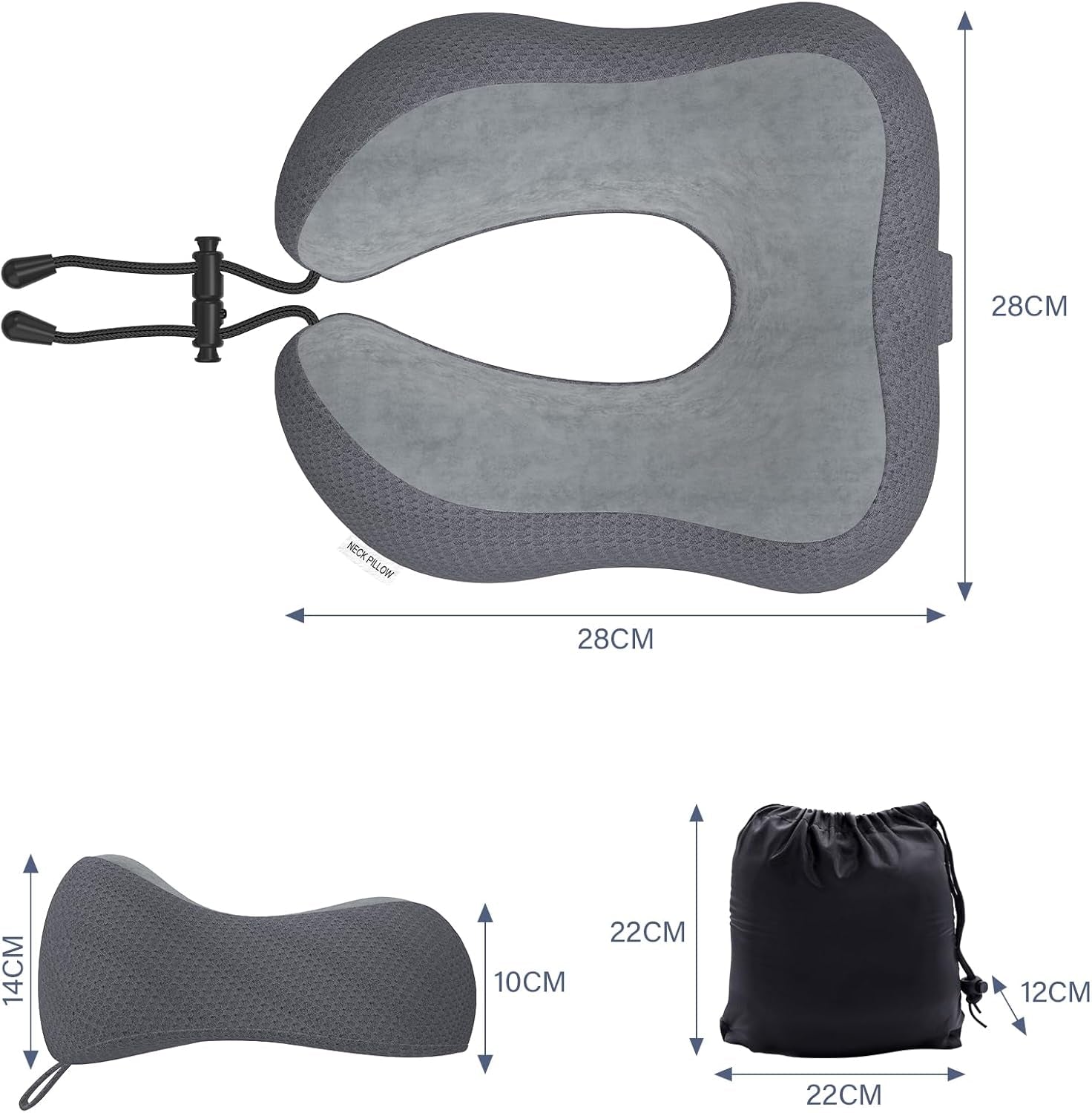 Travel Pillow Neck Pillow for Travel Airplane Memory Foam Flight Pillow for Cars, Trains, Home, Offices（Dark Grey）