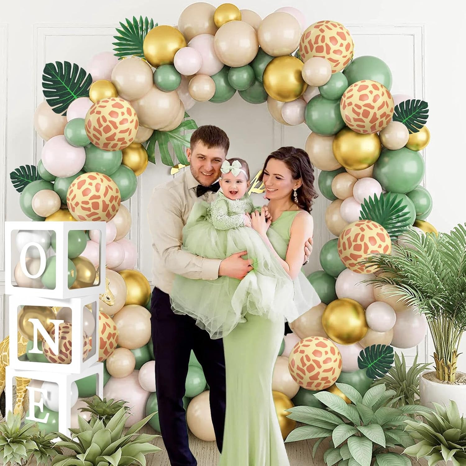 Safari 1St Birthday Decorations for Boys Girls, Wild One Birthday Decorations with Sage Green Balloon Arch Kit Balloon Boxes, Animal Jungle Theme First for Kids (Green)