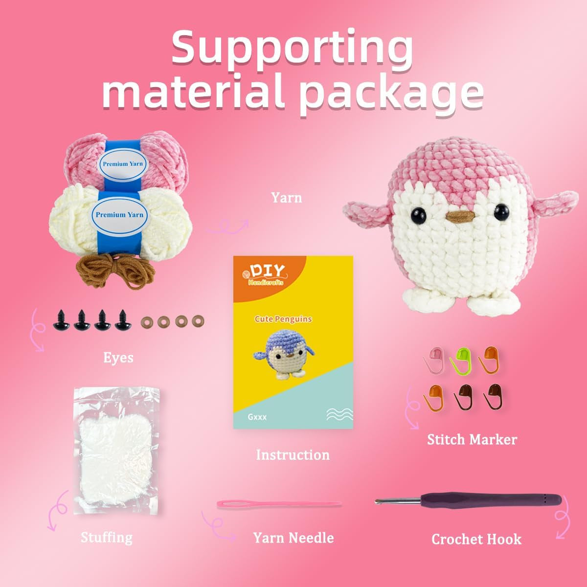 Crochet Kit for Beginners Adults - Knitting Kit with Step-By-Step Video Tutorial - Perfect for New Craft Lovers - Creative DIY Handicraft Gift for Kids Women Men - Pink Penguin