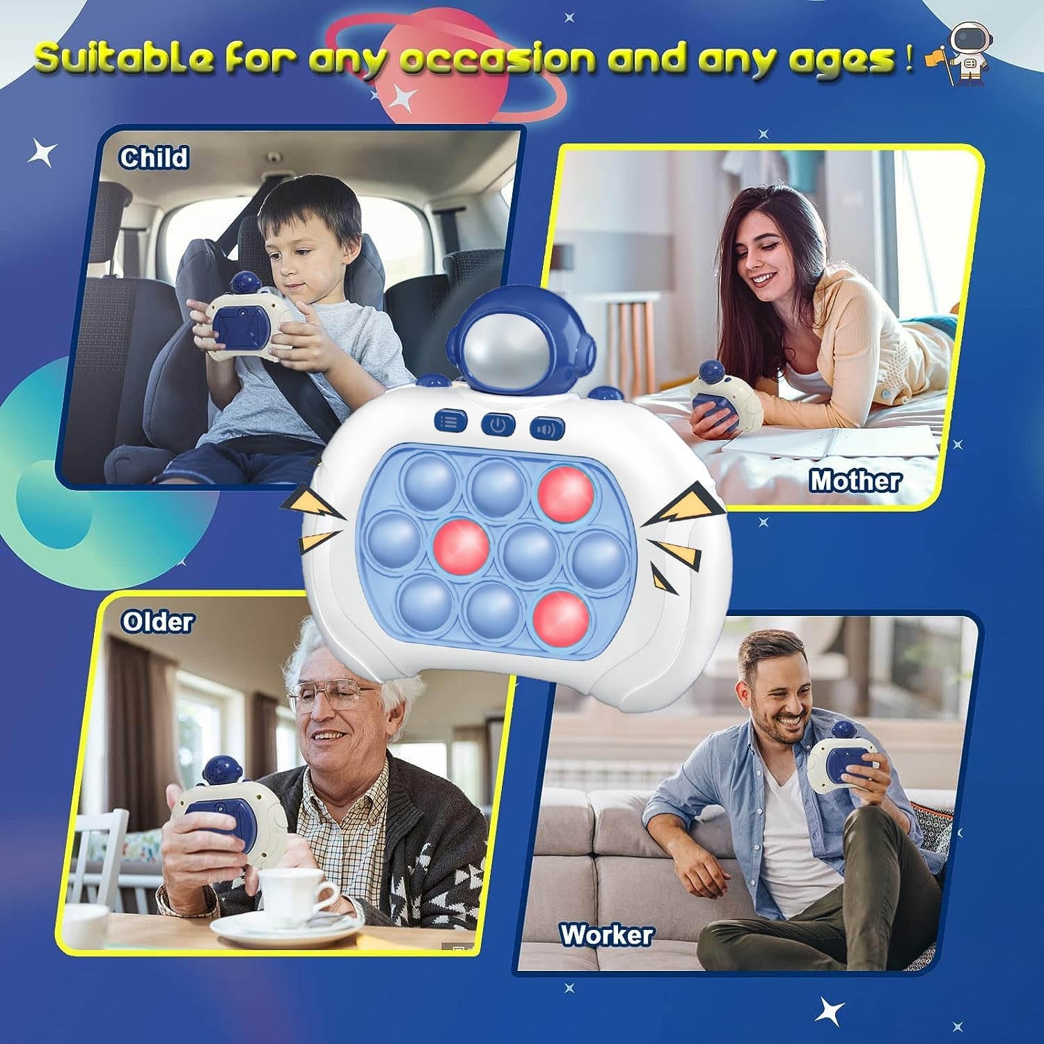 Quick Push Pop Game Fidget Toys Pro for Kids Adults, Handheld Fast Puzzle Machine, Bubble Stress Relief Party Favors, Gifts for Boys and Girls (Blue Astronaut)