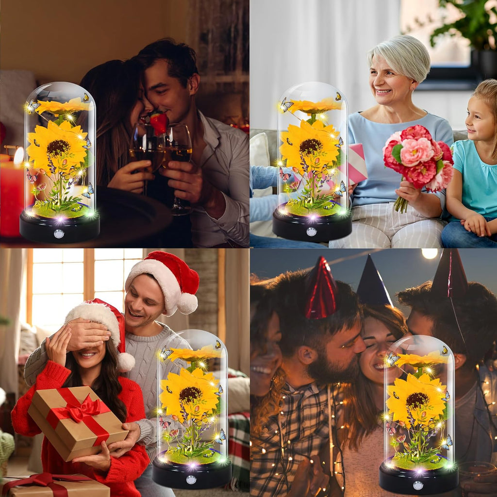 Mothers Day Flower Gifts for Mum, Artificial Sunflower in Glass Dome, Light up Flower Is Unusual Sunflower Gifts for Women/Mum/Wife/Her on Valentines Day Mothers Day Anniversary Birthday Christmas