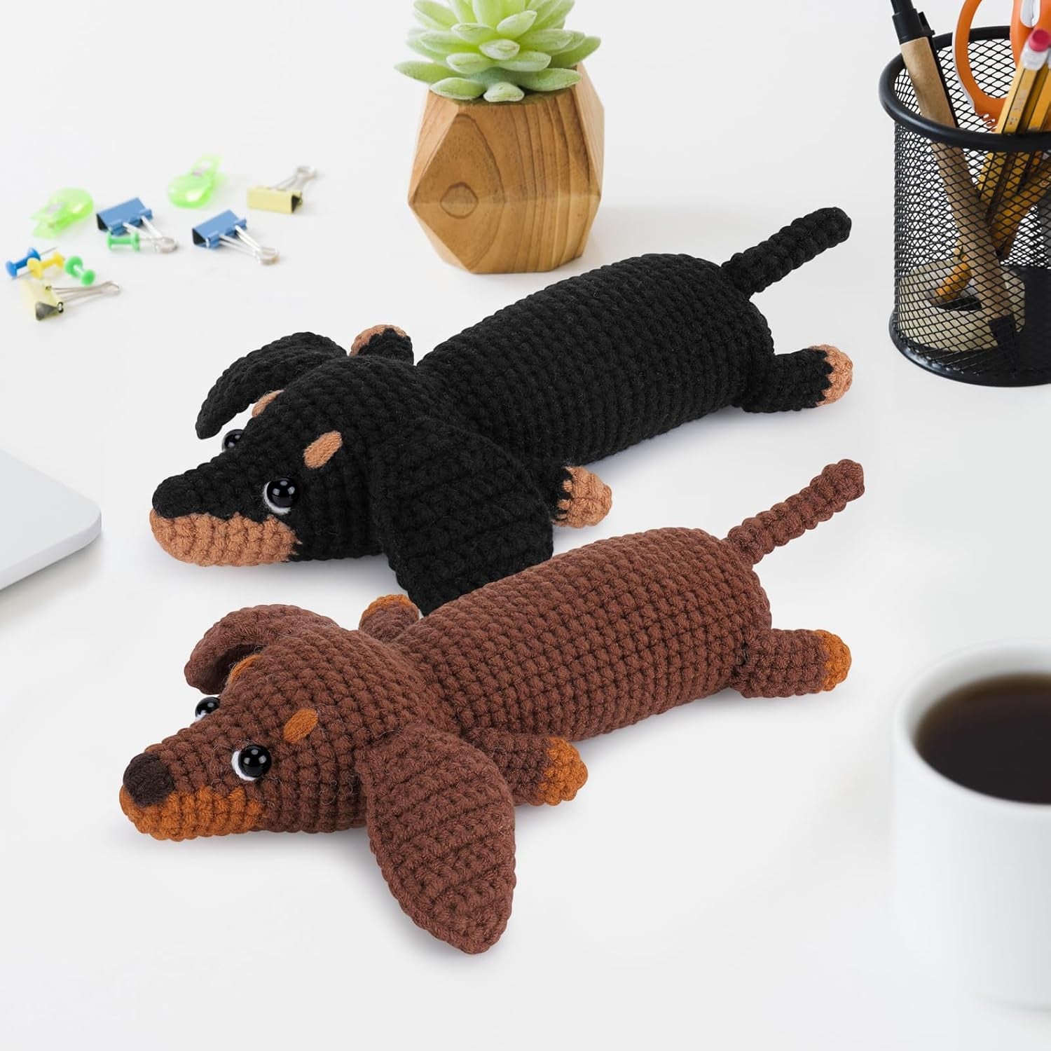 Crochet Kit for Beginners, Crochet Animal Kit Complete Dachshund Dog Crochet with Yarn Hooks Needles, Step-By-Step Video Learn to Crochet Starter Kit Animal Set Beginners Crochet Kit (Crochet Dog)