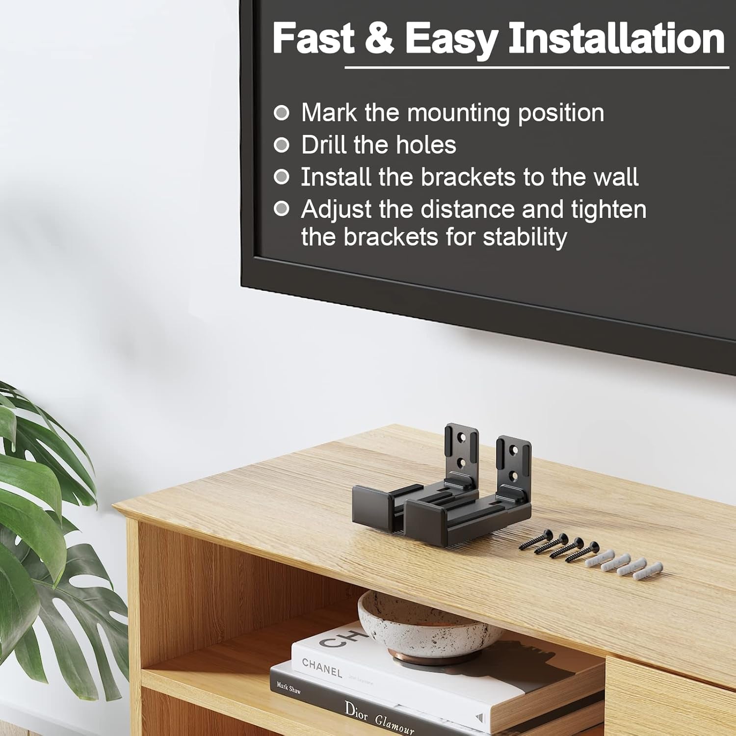 Soundbar Wall Mount Bracket, Speaker Wall Mount, Dual Speaker Bracket Holds up to 15Kg (33 Lbs), Depth Adjustable 90-154Mm (3.5-6.1 Inches) Sound Bar Bracket, Black