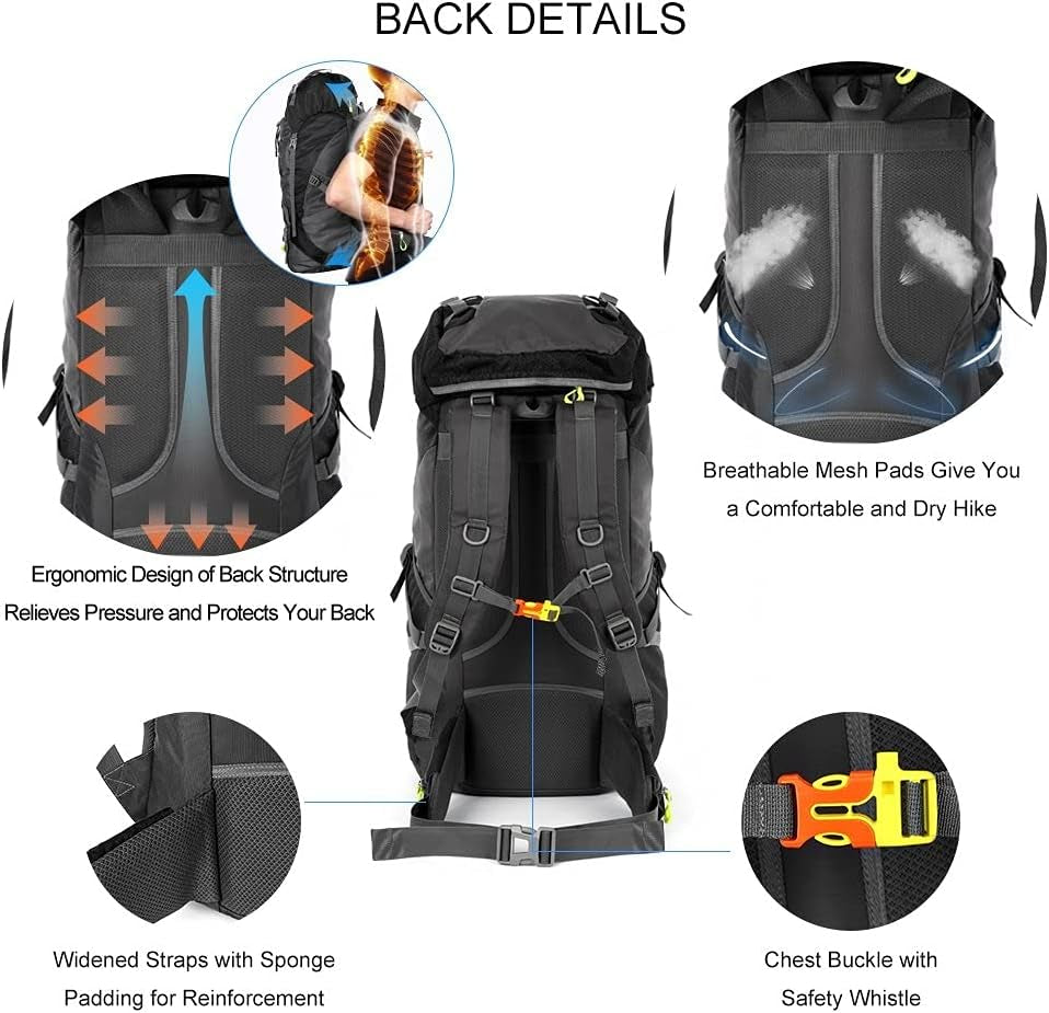 Hiking Backpack, 60L Lightweight Large Rucksack for Men Women, Tear and Water-Resistant for Climbing Fishing Travel