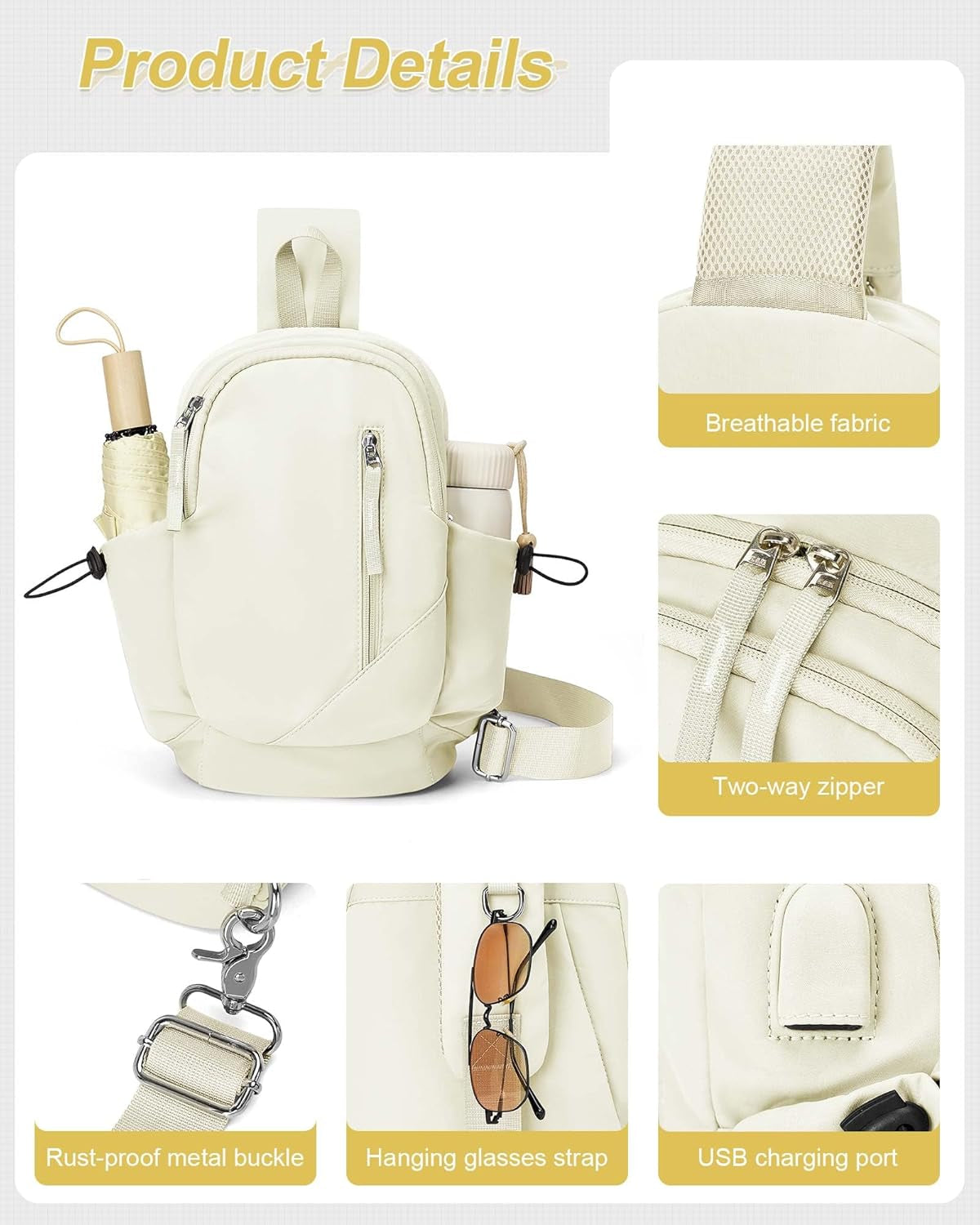 Crossbody Sling Backpacks Sling Bag for Men Women, Shoulder Backpack Chest Bags with USB Charger Port off White