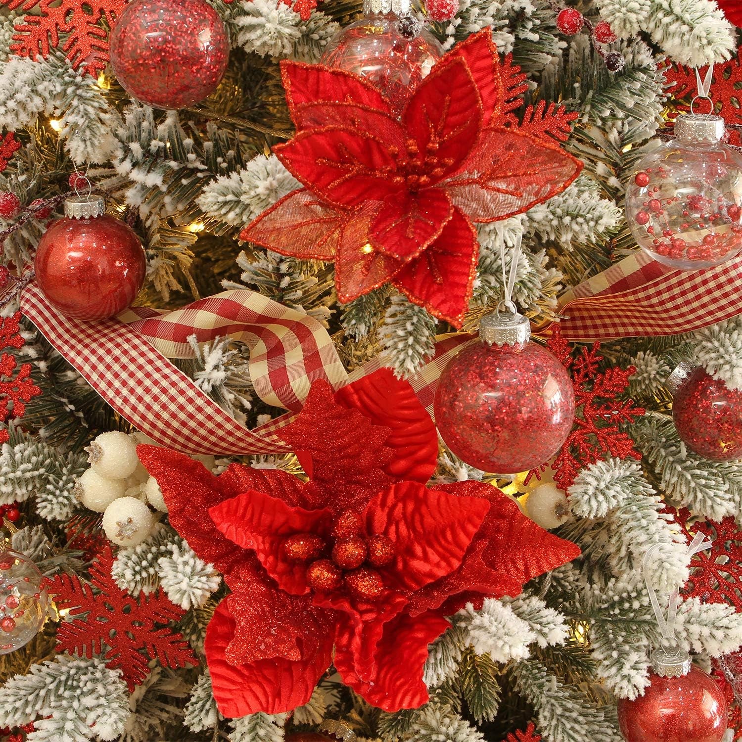6-Pack Artificial Glitter Poinsettia Christmas Flower Ornaments Tree Decorations, 10-Inch, Red