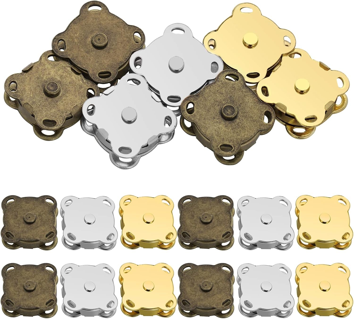 12 Pack Magnetic Buttons, Magnetic Bag Fasteners, Metal Snap Buttons, 15Mm Snap Fasteners Magnetic Clasps for Bags Purses Handbag Wallet Sewing DIY Craft, (Gold Silver Bronze)