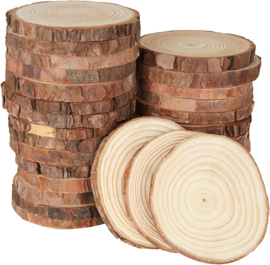 30 Pcs Natural Wood Slices, 9-10Cm Diameter Unfinished round Wood Slices Kit, No Hole Log Wooden Circles for Arts, Christmas or Wedding Ornaments and DIY Crafts