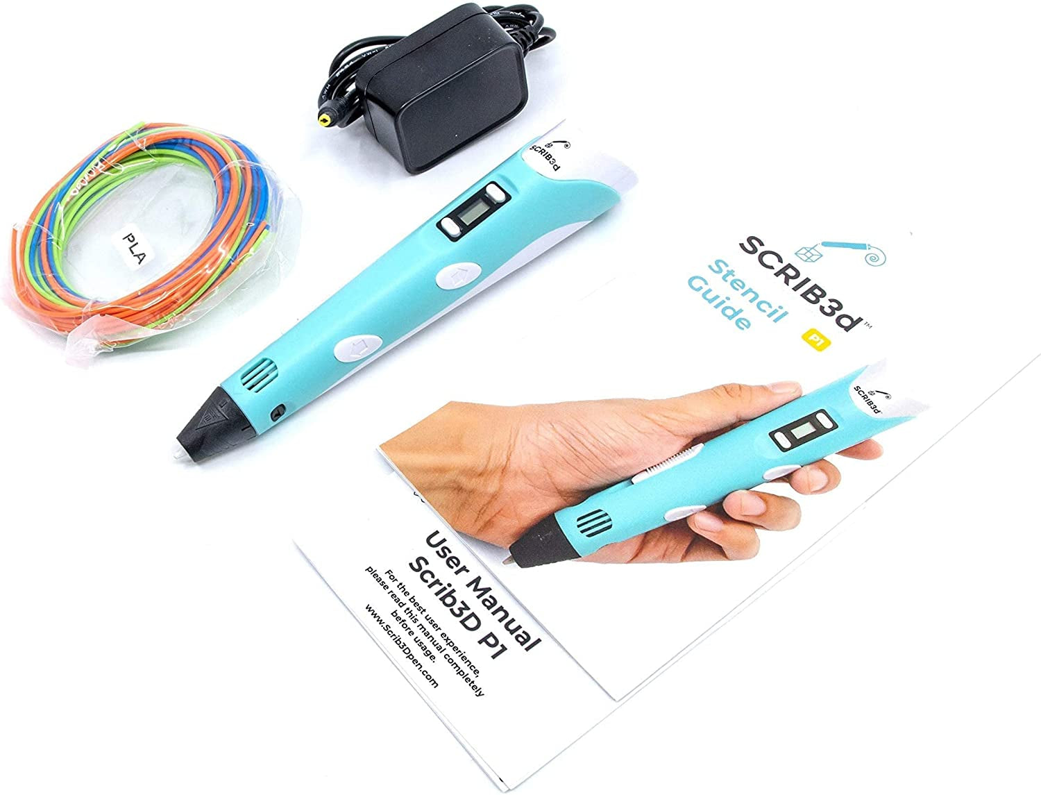 P1 3D Printing Pen with Display - Includes 3D Pen, 3 Starter Colors of PLA Filament, Stencil Book + Project Guide, and Charger