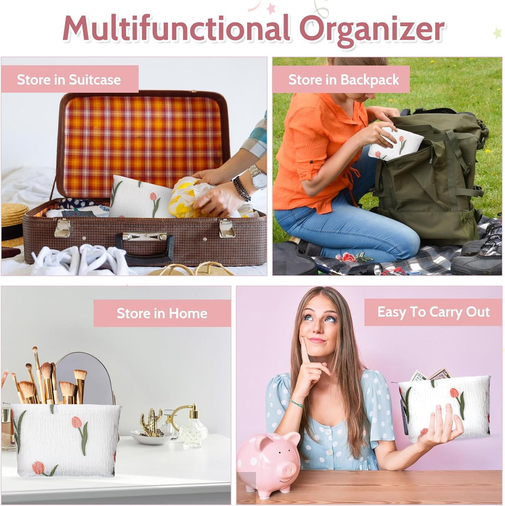 Makeup Bag Large Capacity Elegant Bow Preppy Cosmetic Bag Aesthetic Design Canvas Zipper Organizer Pouch Cute Roomy Pink Portable Toiletry Bag for Women Girls Travel Storage Accessories, White-Green,