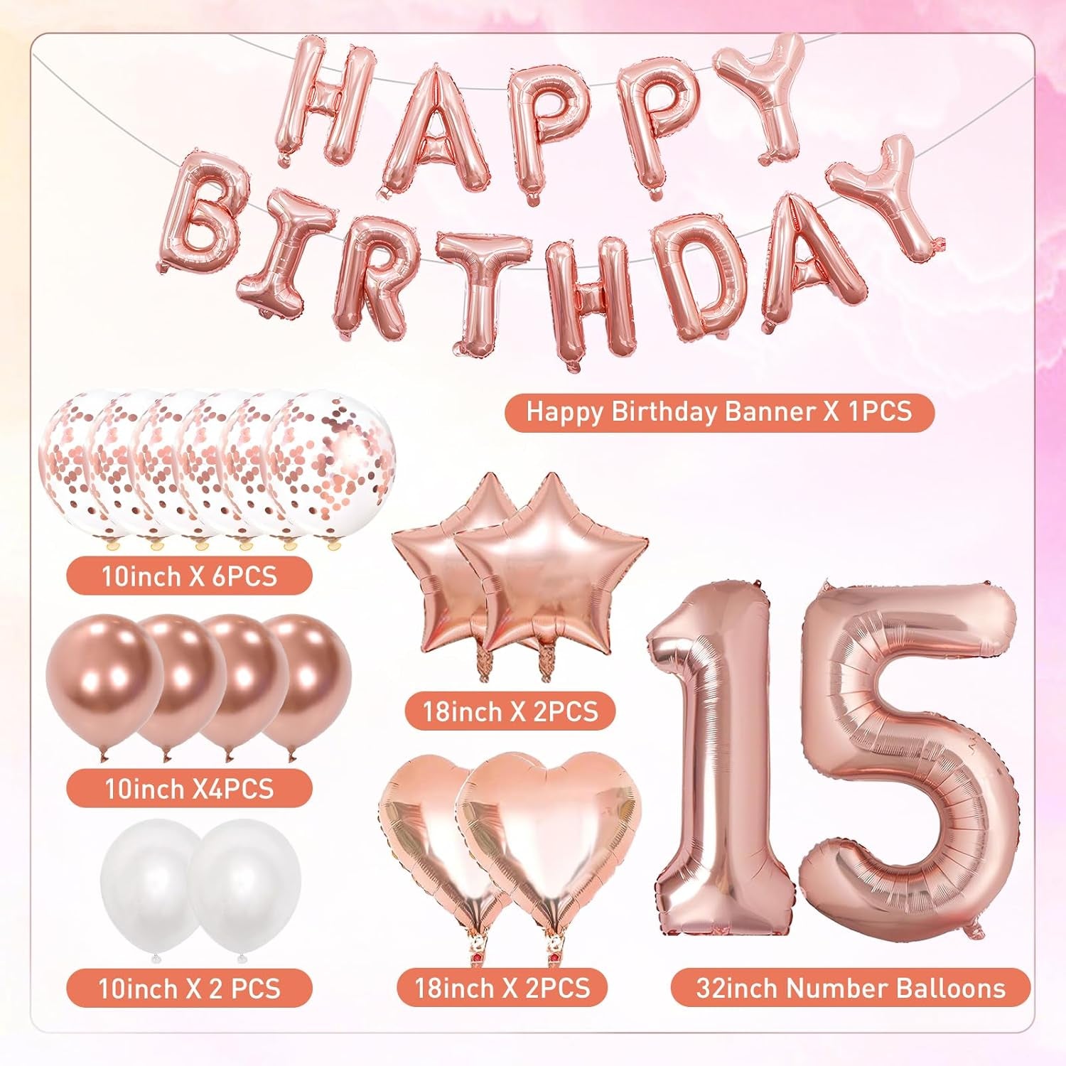 15Th Birthday Decorations for Girls, Rose Gold 15Th Birthday Decorations, Rose Gold 32 Inch Number 15 Foil Balloon with Banner, Star Confetti Balloon for 15 Party Deko