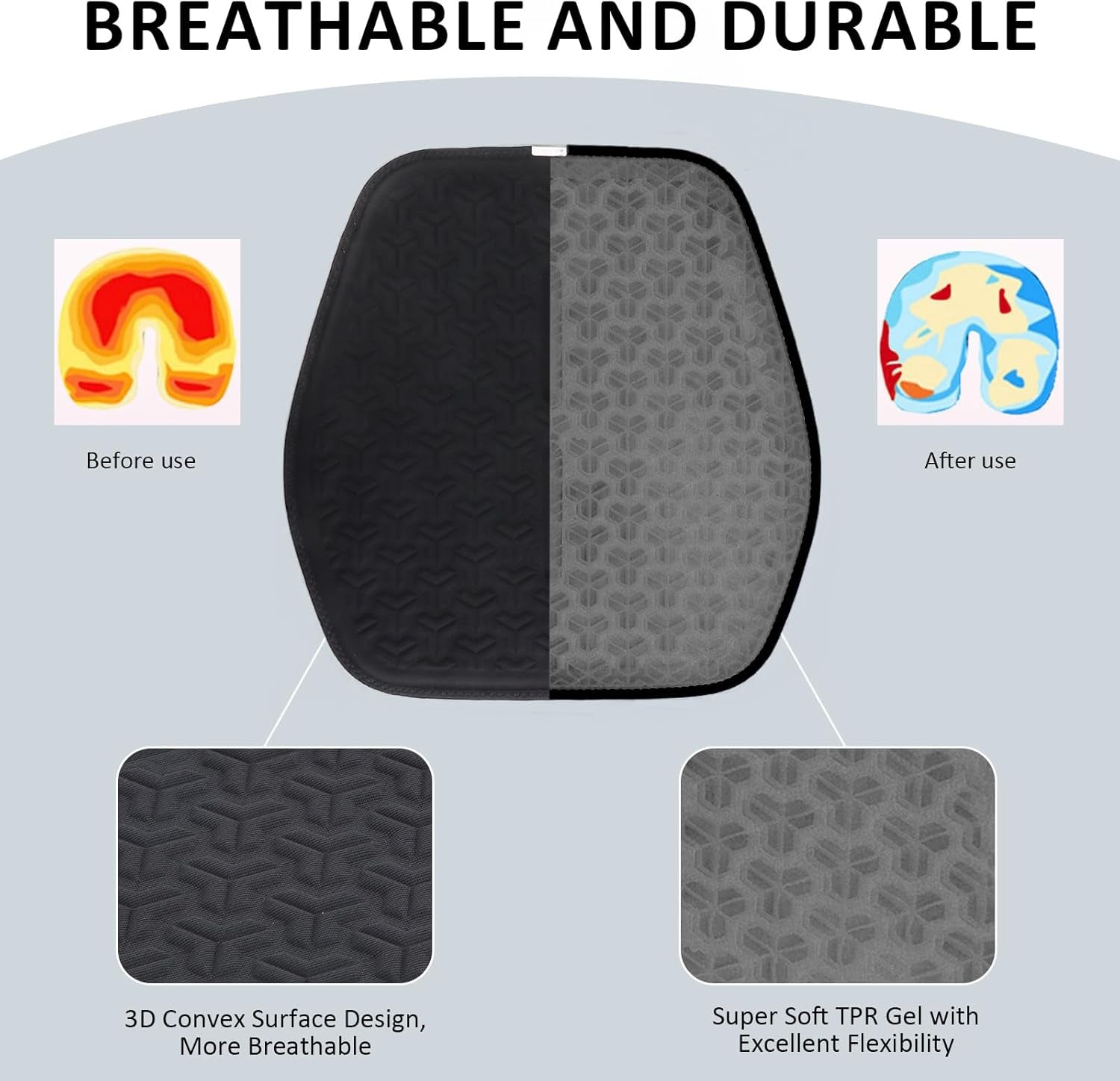 Large Gel Seat Cushion, Breathable 3D Surface Car Seat Cushion for Long-Time Driving, Relieving Sedentary Pressure for Home Office Chair/Wheelchair, Black