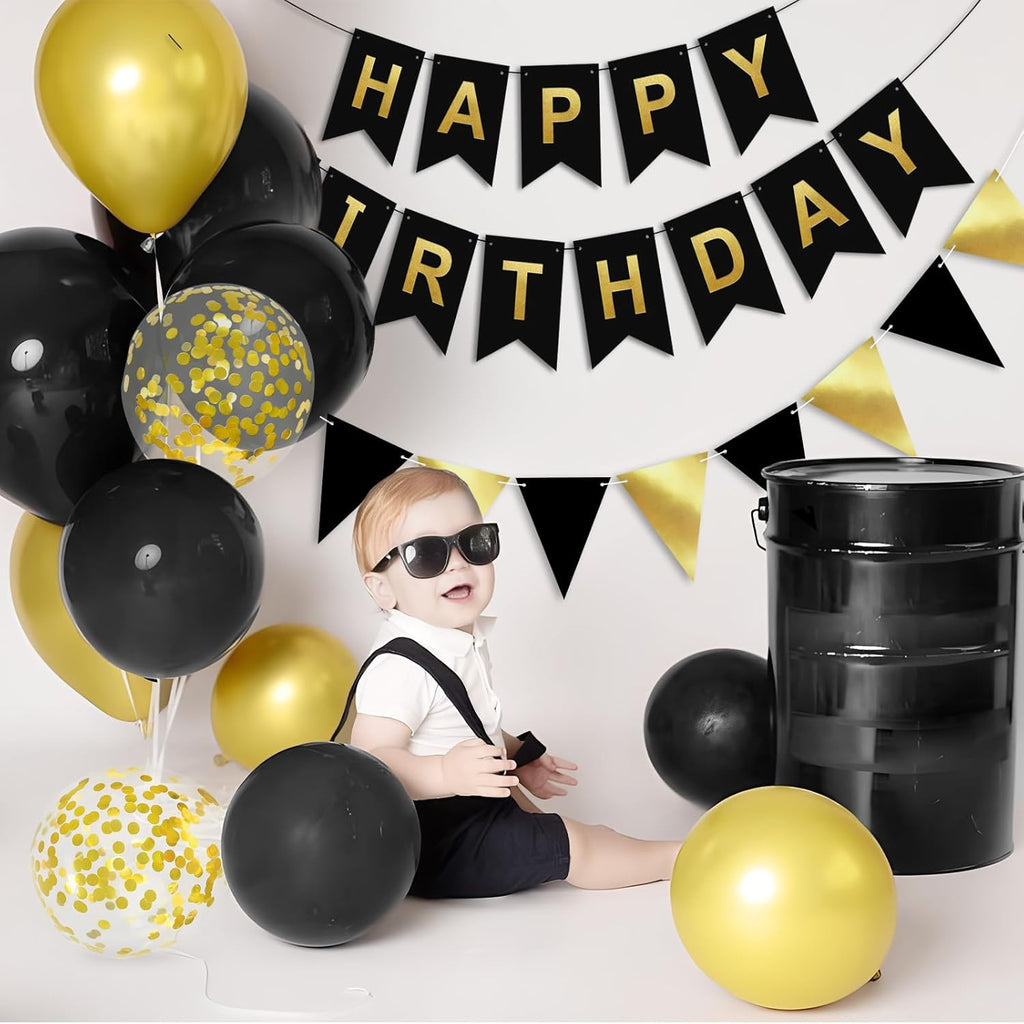 Black Gold Birthday Decoration, 12Inch Black Gold Happy Birthday Balloons with Happy Birthday Banner and Bunting Confetti Balloons, Black Party Decorations for Men Boys