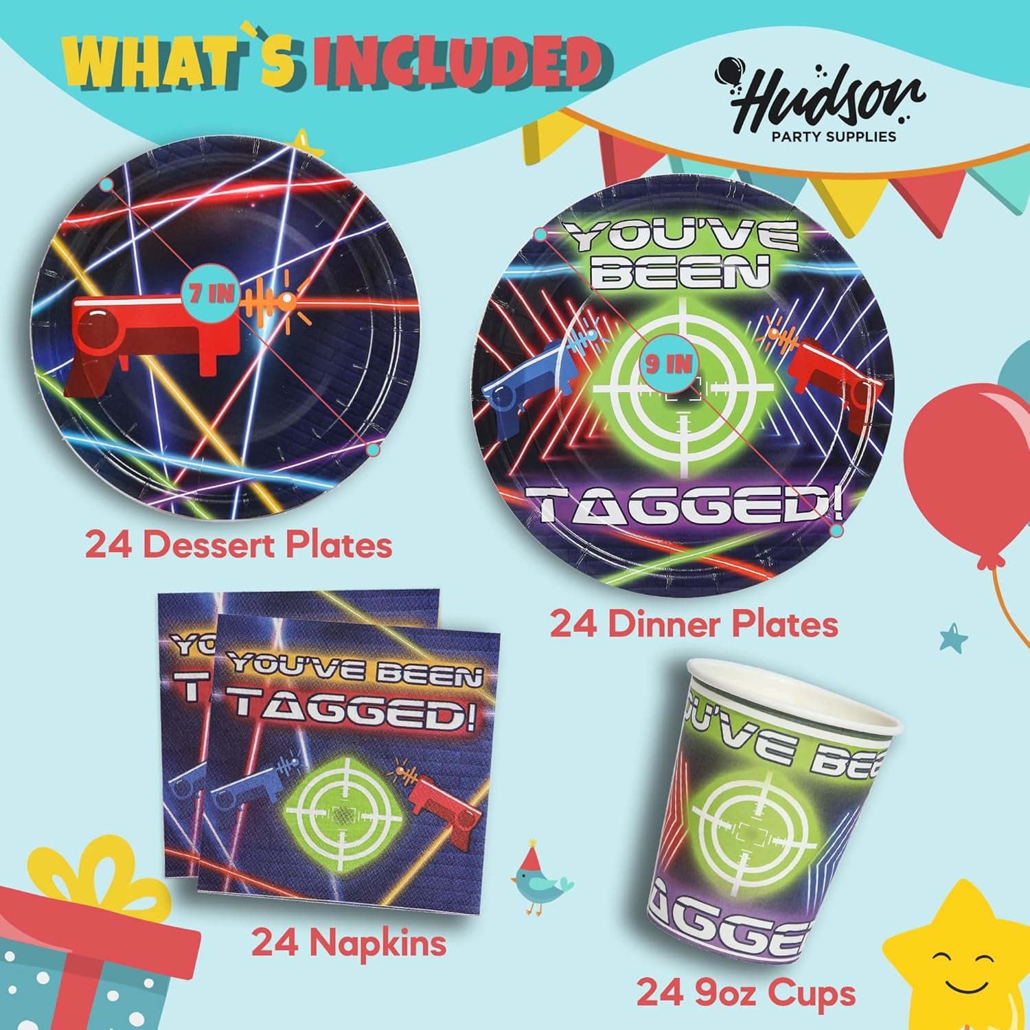 Laser Tag Birthday Party Supplies - (Serves 24) - Dinner Plates, Dessert Plates, Cups, Napkins. Laser Tag Decorations for Kids, Boys, Girls and More.