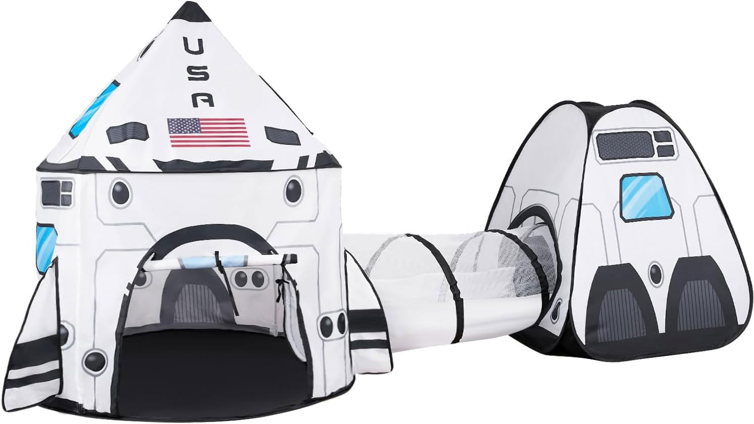 White Rocket Ship Pop up Play Tent with Tunnel and Playhouse Kids Indoor Outdoor Spaceship Tent Set