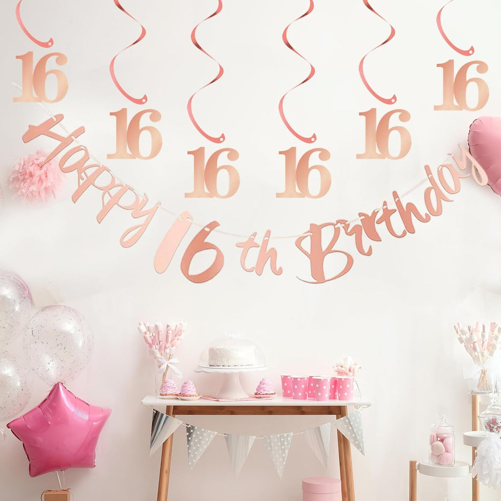 16Th Birthday Bunting Banner, Hanging Swirls Streamers, 16Th Birthday Decorations Set for Girls 16 Years Old Birthday Decorations Party Decor - Rose Gold
