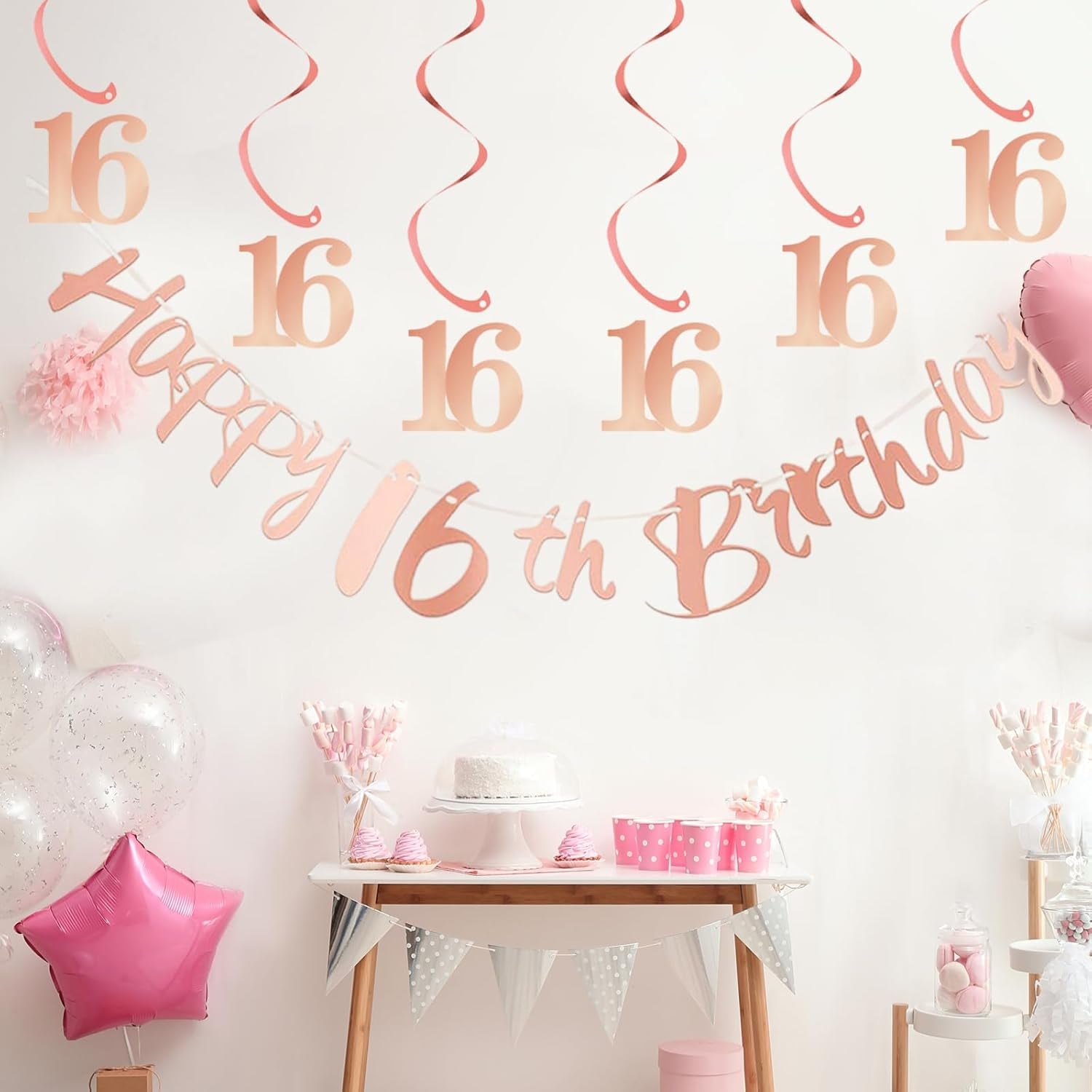 16Th Birthday Bunting Banner, Hanging Swirls Streamers, 16Th Birthday Decorations Set for Girls 16 Years Old Birthday Decorations Party Decor - Rose Gold