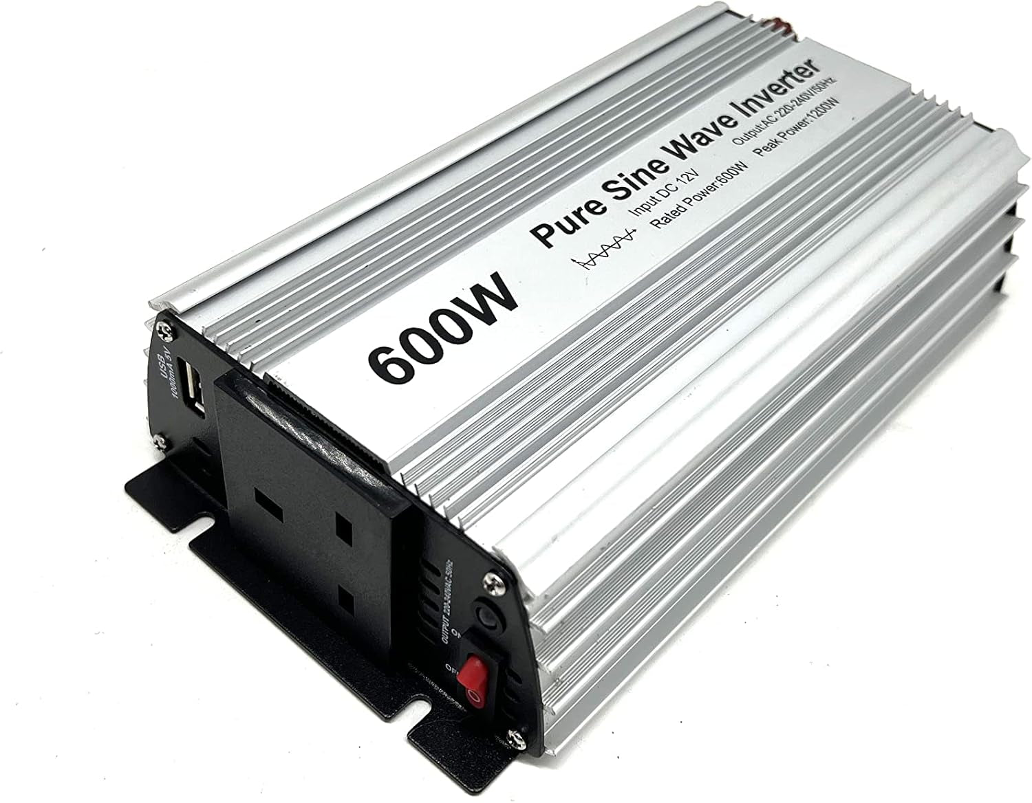 600W Pure Sine Wave Inverter 12V to 230V AC with BS Socket,Dc5V 2 Amp USB Output.