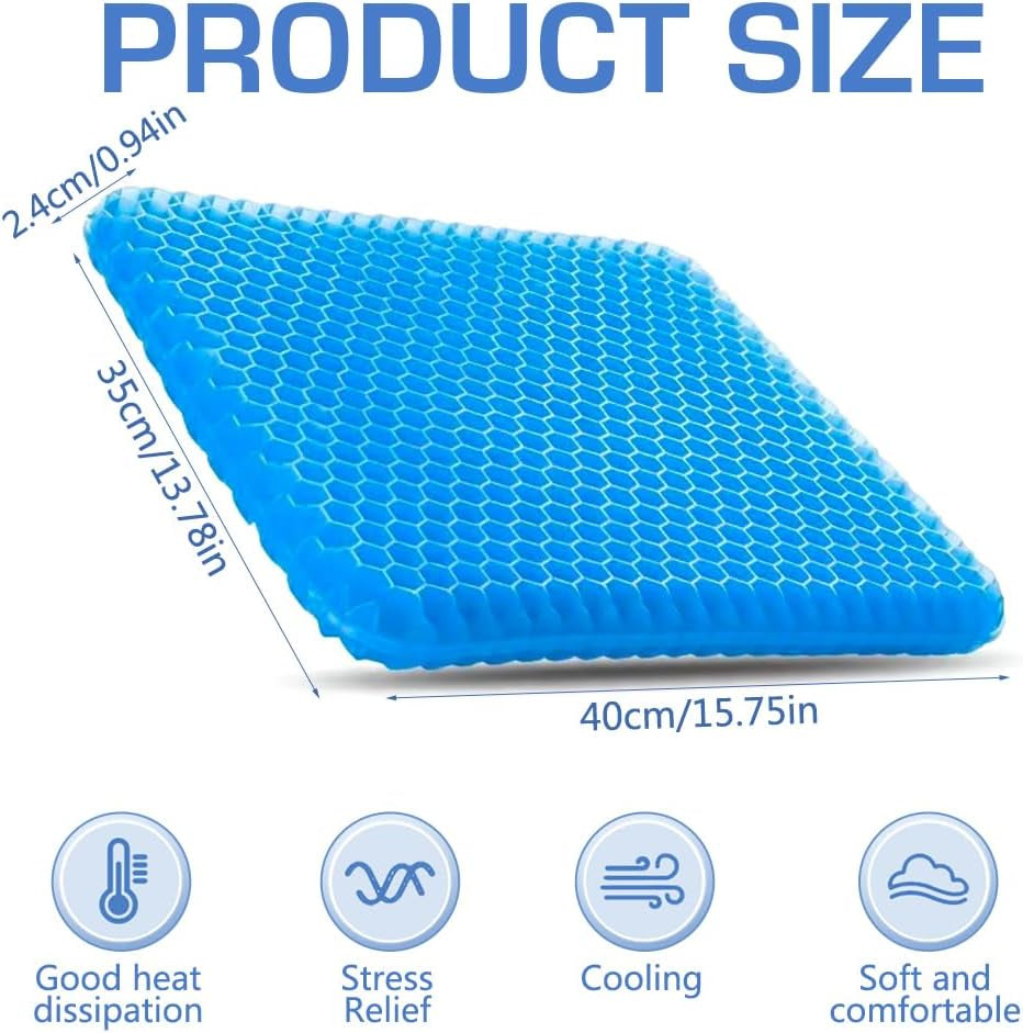 Gel Seat Cushion, Double Thicken Honeycomb Cushion with Ice Non-Slip Cover, Gel Cushion for Sitting with Relieving Back Coccyx Pain Pressure, Soft Sitter for Home Office Car (Square 40*35*2.4)
