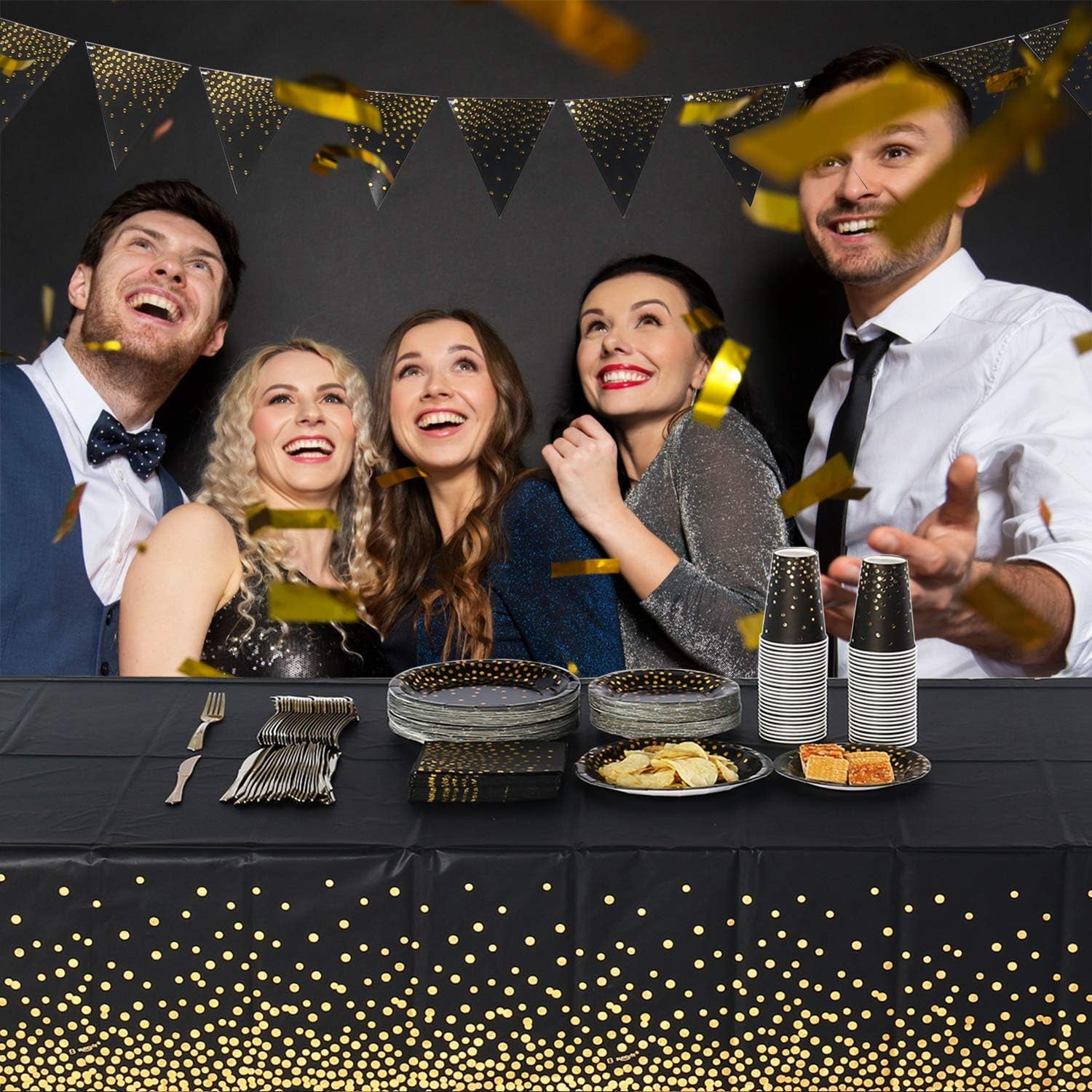 2 Pack Black and Gold Party Tablecloth for Rectangle Table, Gold Dot Confetti Rectangular Table Cover for Birthday Party, Graduation, Baby Shower, Cocktail Party, Bachelorette Party, 137Cm X 274Cm