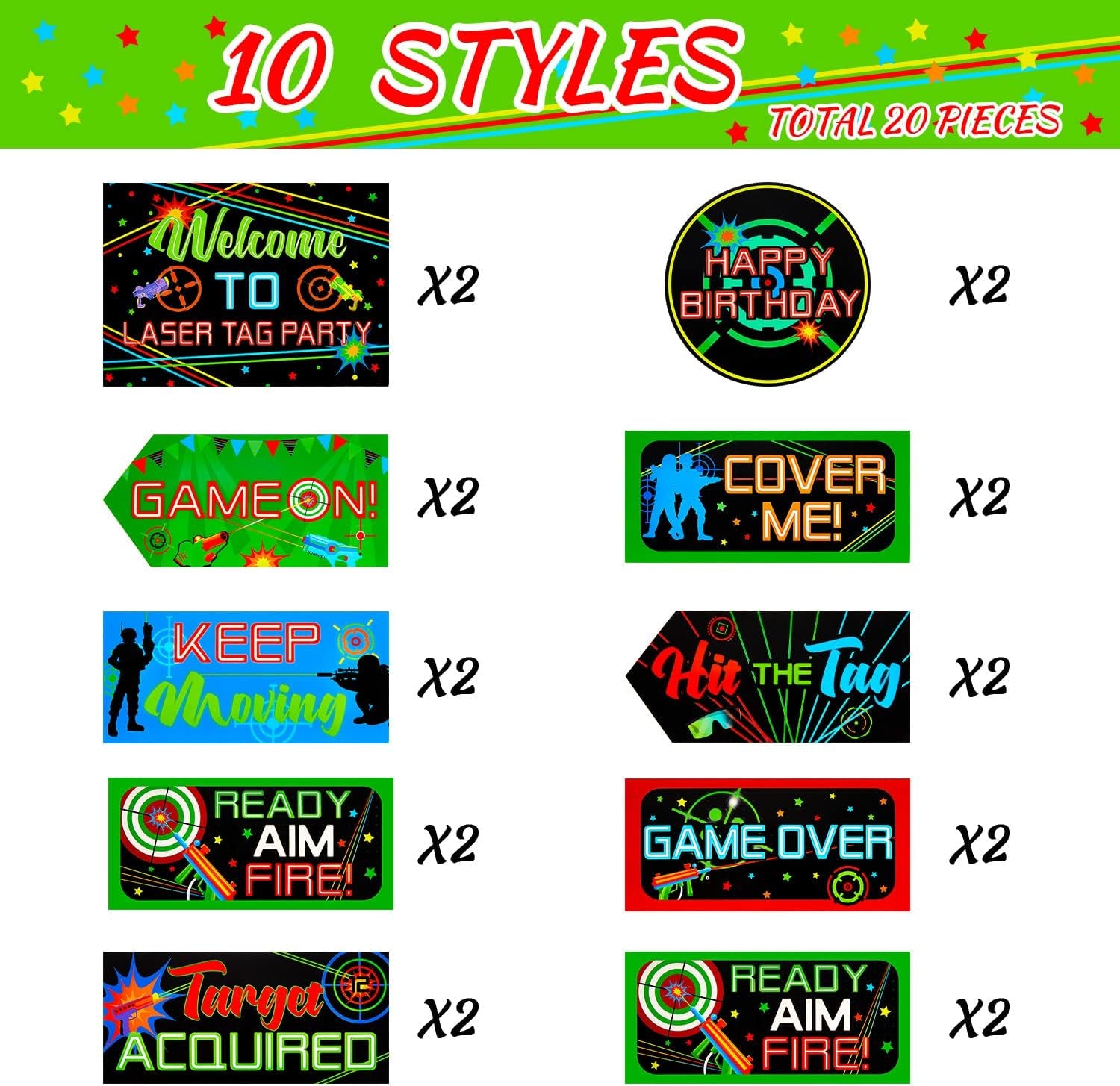 20 Pieces Laser Tag Party Decorations Signs Laminated Signs Laser Tag Party Favors for Boys Wall Decorations Birthday Neon Glow Photography Banner Photo Booth Props