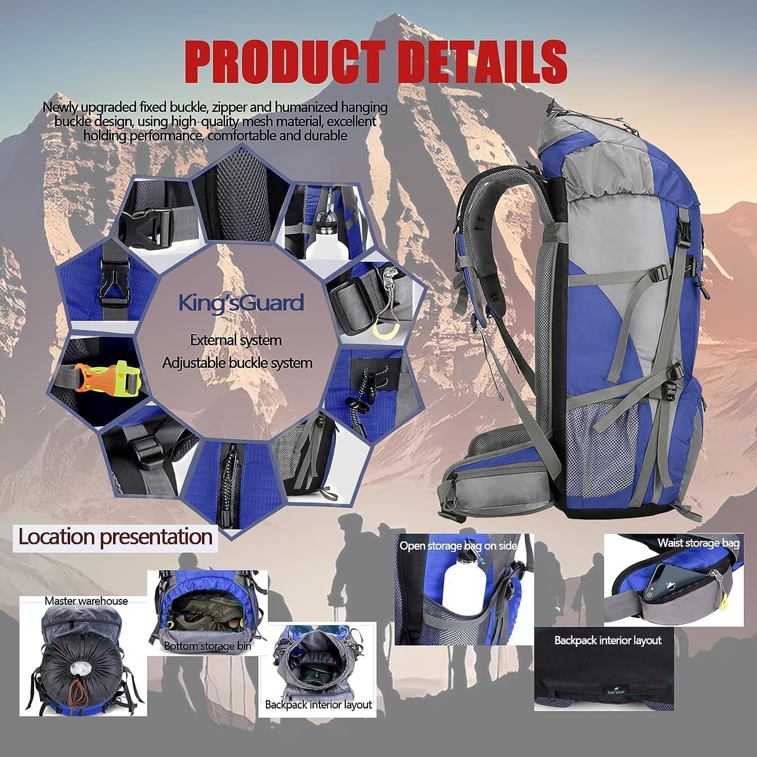 70L Camping Hiking Backpack with Rain Cover Backpacking Backpack for Treeking Outdoor Travel Pack (70L Blue)