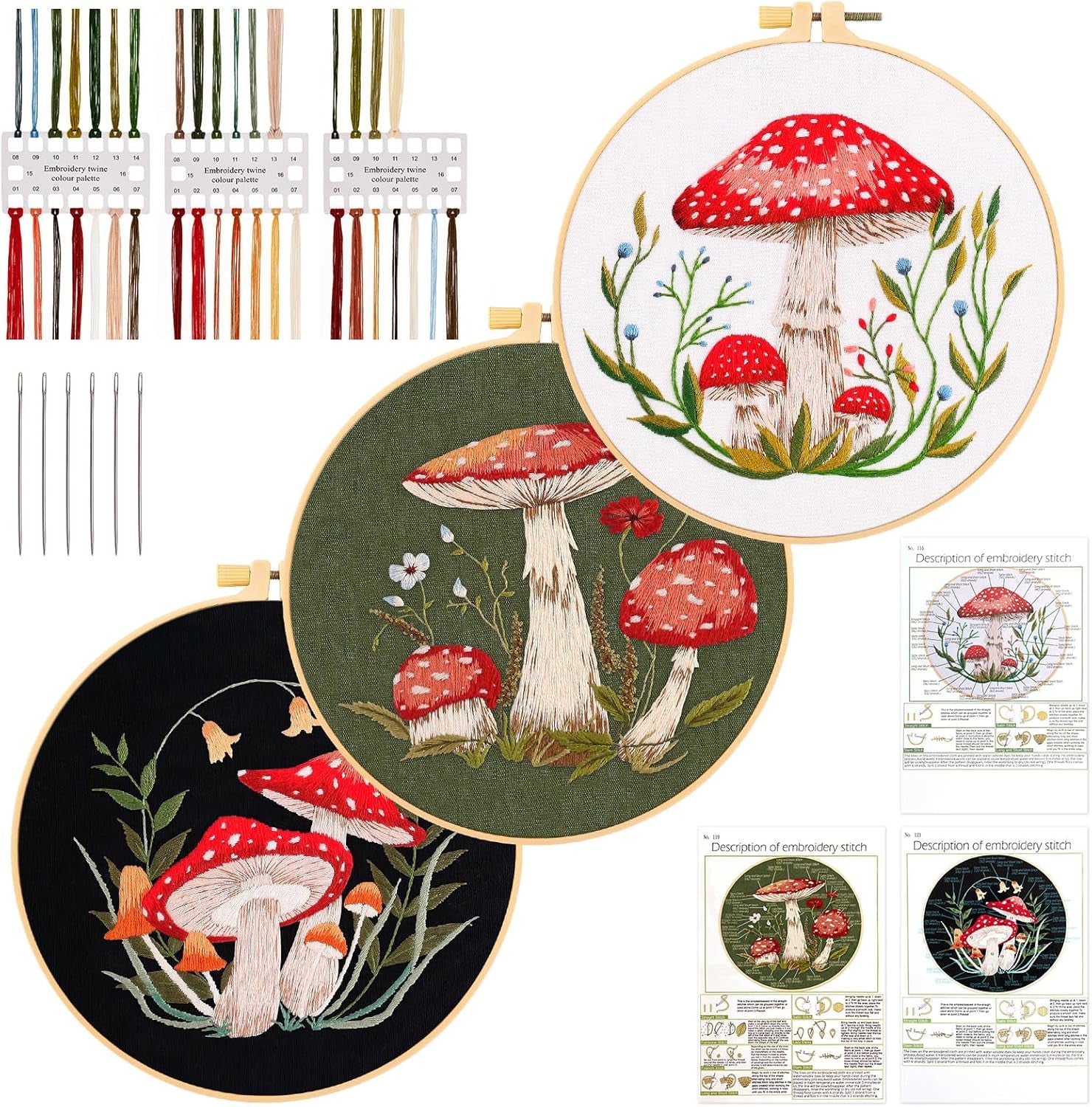 3 Sets Embroidery Starter Kit for Beginners Adults,Mushroom Stamped Embroidery Set,Diy Handmade Sewing Craft Needlepoint Kit with Embroidery Hoops and Needles Threads