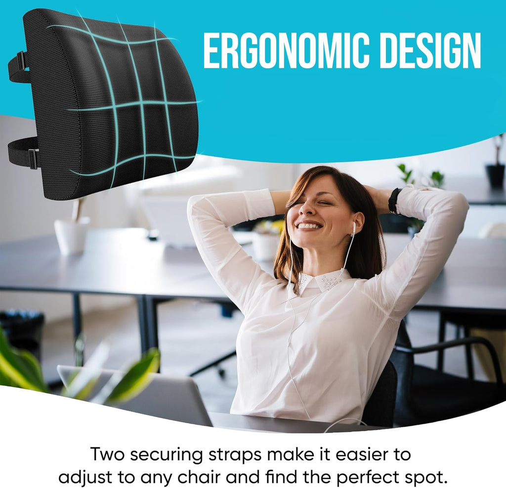 Lumbar Support Cushion, Back Support for Office Chair and Car Seat, Back Rest for Gaming Chair, Memory Foam Pillow, Desk Chair Cushion, Breathable & Washable Cover, Adjustable Straps