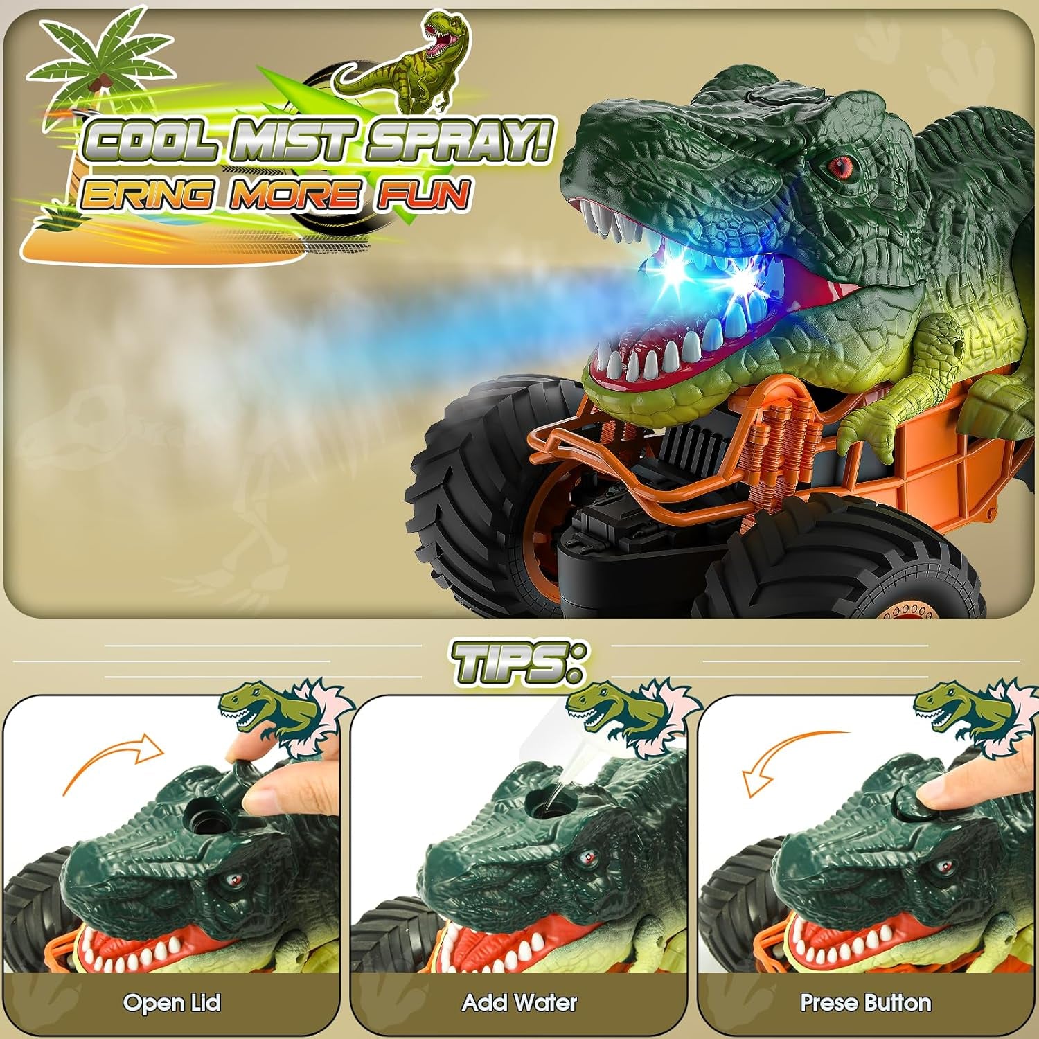 Dinosaur Remote Control Cars, 1:16 Scale Monster Truck Toys with Spray LED Lights, 2.4Ghz Rc Car Boys Toys Age 3 4 5 6 7 8, Kids Toys Gifts for 3 4 5 6 7 8 Year Old Boy Christmas Xmas Gifts for Kids