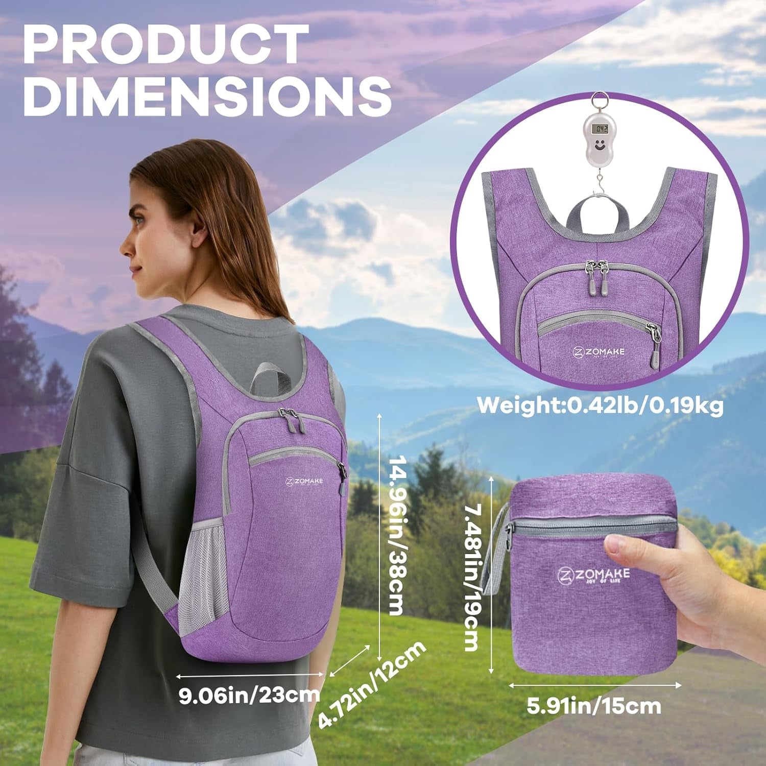 Ultra Lightweight Packable Backpack, 10L Small Daypack Light Foldable Backpacks Water Resistant Day Bag for Hiking (Light Purple)