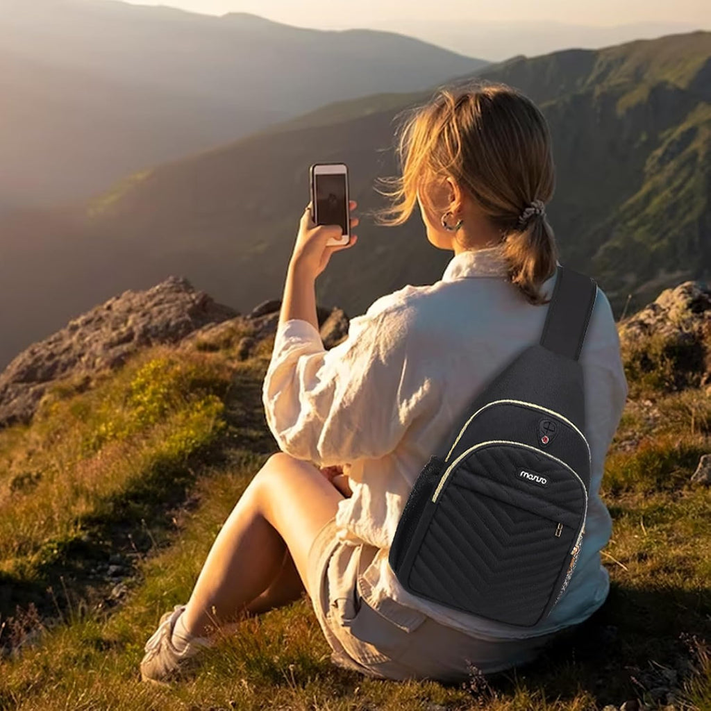 Sling Backpack Small Hiking Daypack, Quilted Crossbody Sling Bag with Removable Strap One Shoulder Chest Bag, Black