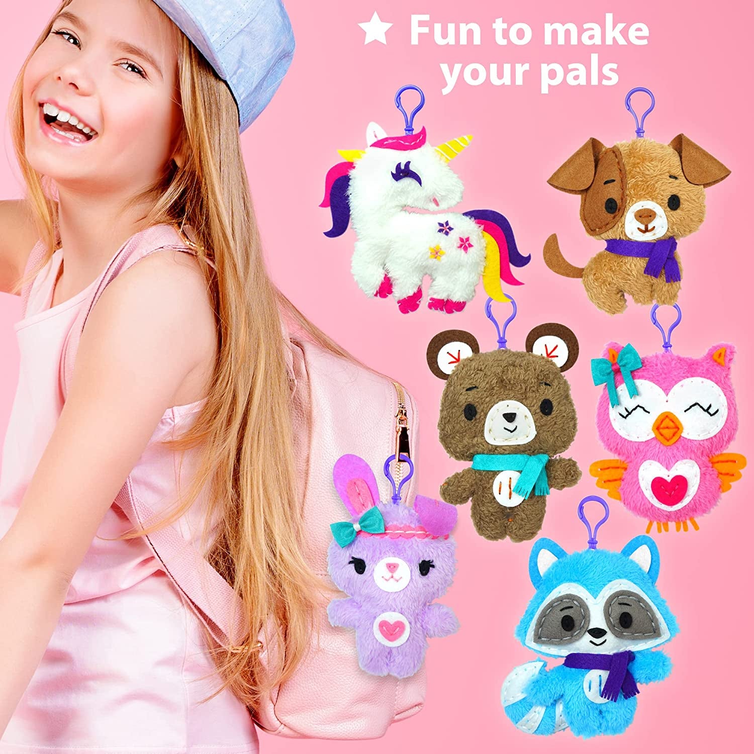 Unicorn Sewing Keyring Kit for Kids Ages 7-12, Beginner Craft Set with 6 Stuffed Dolls (Bear, Dog, Rabbit, Raccoon, Owl, Unicorn), Felt Materials, Embroidery Supplies, Instructions
