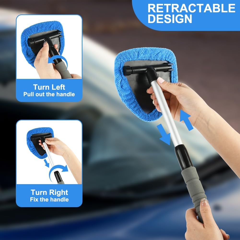 Car Window Cleaner Kit, Multifunctional Expandable Windscreen Cleaner, Car Windscreen Cleaner with 5 Reusable Microfiber Pads, 1 Spray Bottles,180° Swivel Head, Ideal for All Vehicles(Triangle)