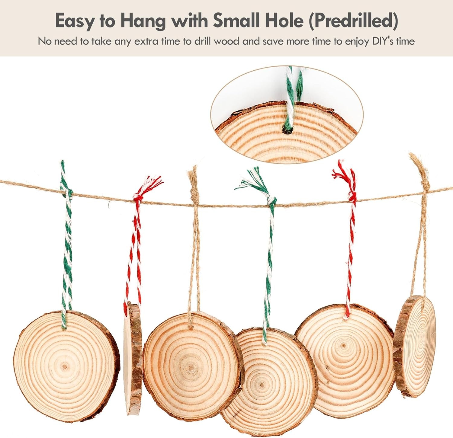 Natural Wood Slices, 54 Pcs 6-7Cm Unfinished Wooden Coasters, Predrilled Log Discs Wooden Log Slices, with 3 Ropes for Arts DIY Crafts, Christmas Decorations or Wedding Favours