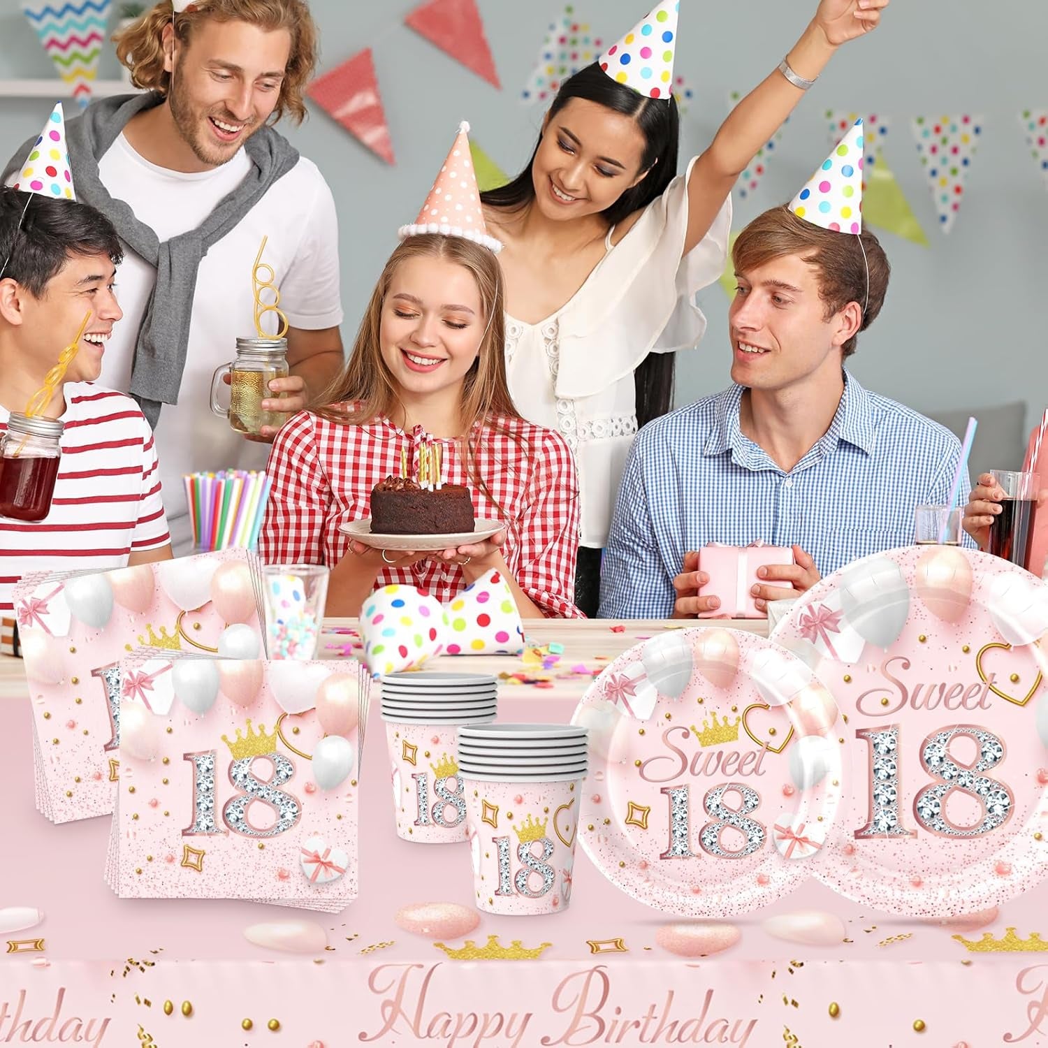 69Pcs Pink Happy 16Th Birthday Party Tableware Decorations for Girls, Disposable Set with Tablecloth, 7Inch Paper Plates, Napkins, Cups