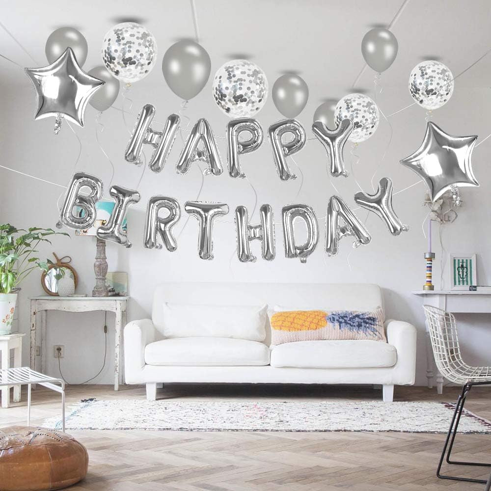 Happy Birthday Balloons, 16 Inch Happy Birthday Banner Party Decorations, Self Inflating Letter Silver Balloons for Adults Kids Party Decor