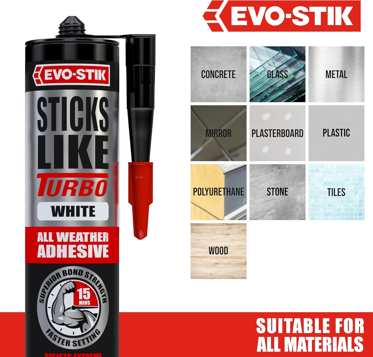 Sticks like Turbo Adhesive, All Weather, Fast Setting, Extreme Temperature & Movement Resistant, White, 290Ml