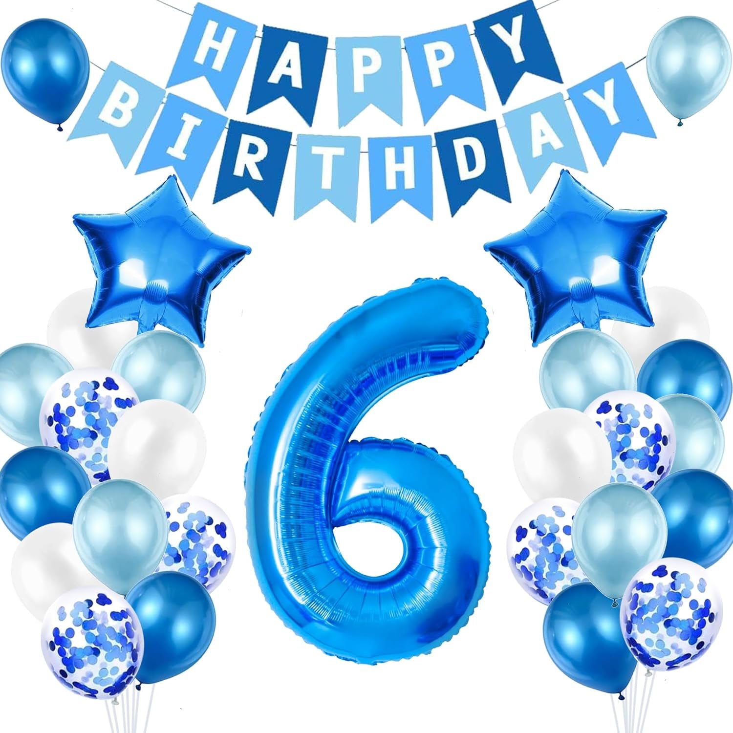 6Th Birthday Decorations for Boys, Number 6 Balloon, Blue Silver 6Th Party Decorations, Happy Birthday Bunting Banner, 32Inch Foil Number 6 Balloons Set for Birthday Party Anniversary Decorations