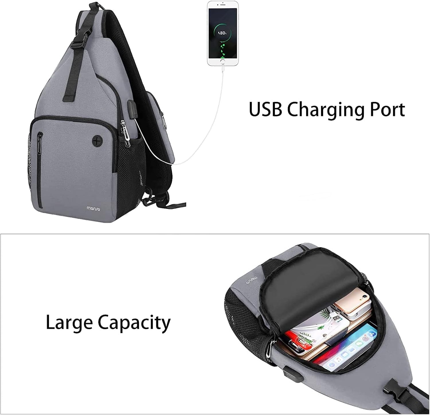 Sling Backpack Bag, Crossbody Shoulder Bag Travel Hiking Daypack Chest Bag with Front Square Pocket&Usb Charging Port