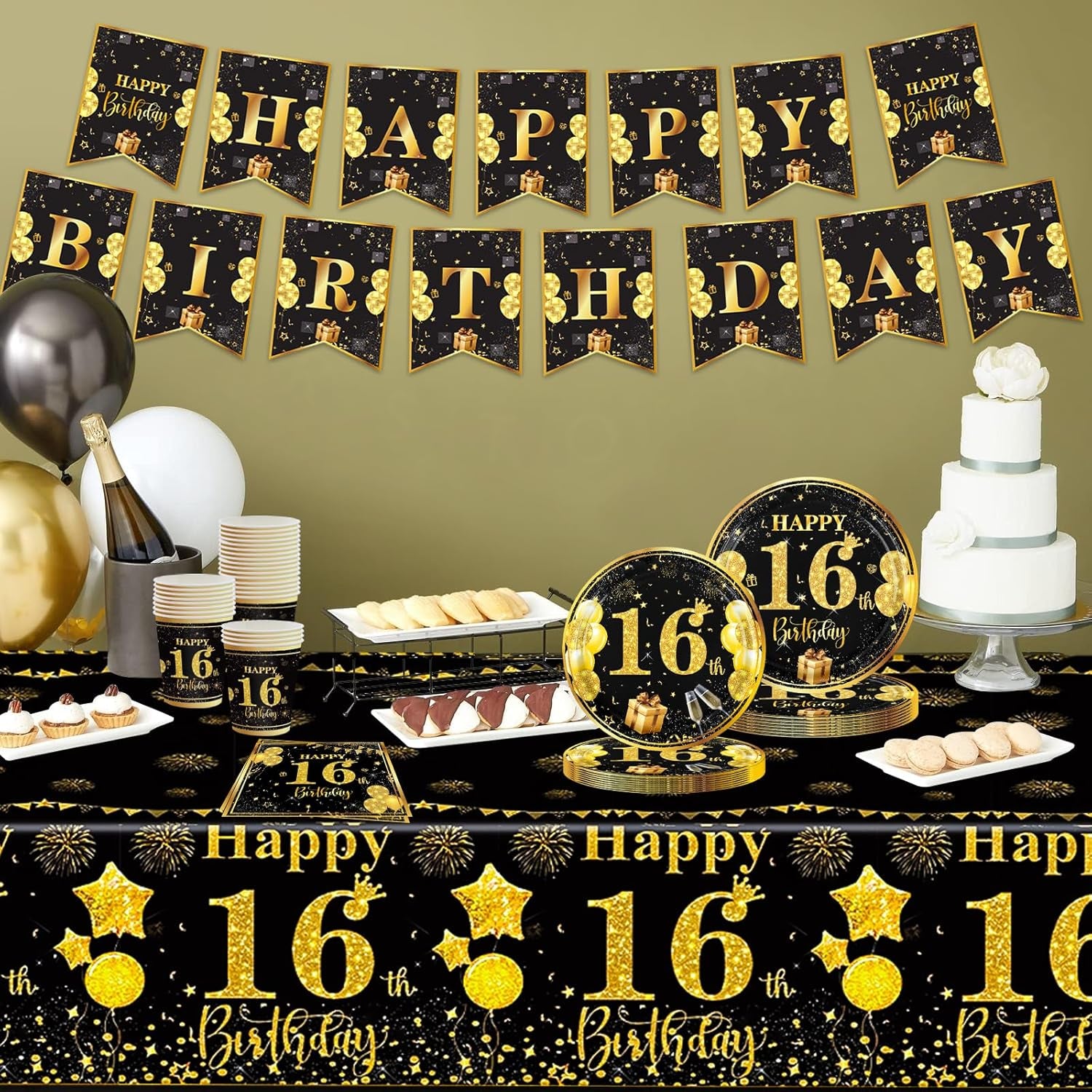 70 Pcs 16Th Birthday Tableware Black Gold, 16Th Birthday Table Decoration Set for Teen Party Supplies (16 Guests)