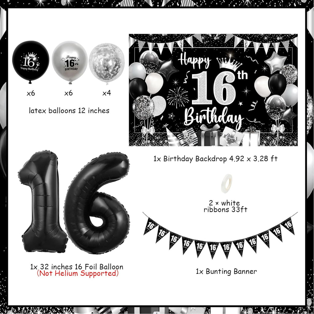 16Th Birthday Decorations Silver, Happy Birthday Backdrop Banner 16Th Birthday Bunting Black Silver Girls, Black 16 Foil Balloon Confetti Balloons for Sweet Sixteen 16 Years Birthday Party