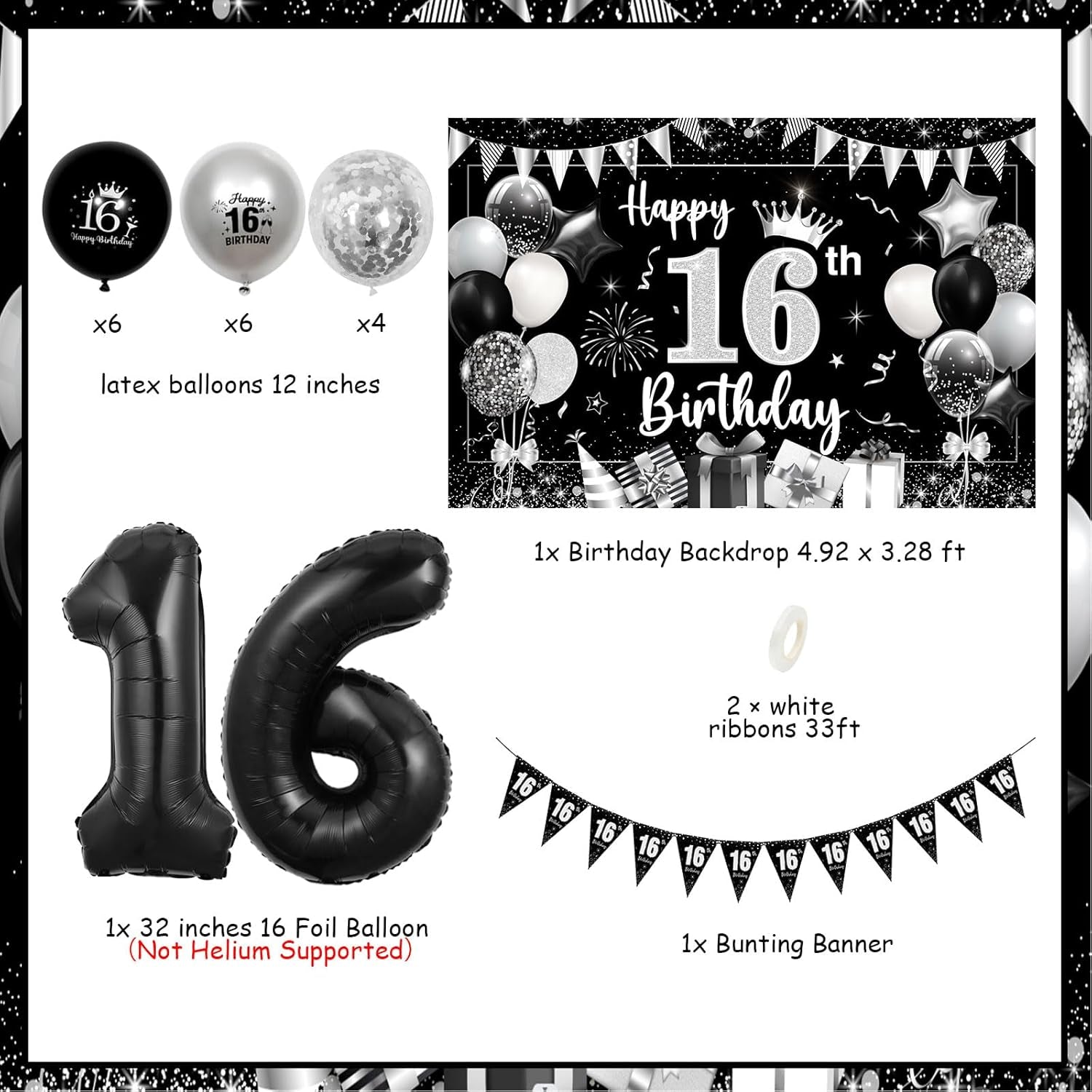 16Th Birthday Decorations Silver, Happy Birthday Backdrop Banner 16Th Birthday Bunting Black Silver Girls, Black 16 Foil Balloon Confetti Balloons for Sweet Sixteen 16 Years Birthday Party