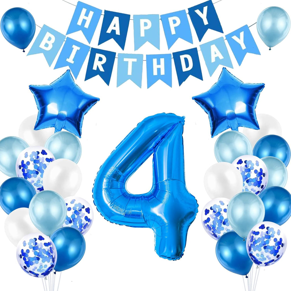 4Th Birthday Decorations for Boys, Number 4 Balloon, Blue Silver Party Decorations, Happy Birthday Bunting Banner, 32Inch Foil Number 4 Balloons Set
