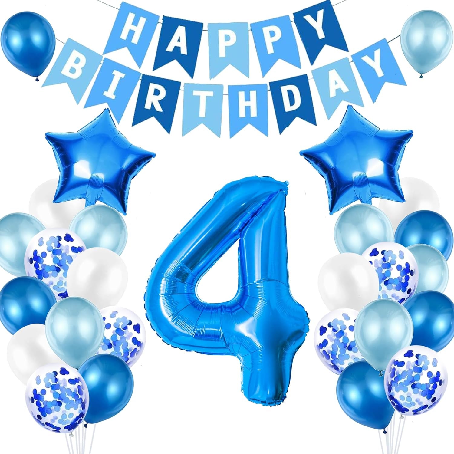 4Th Birthday Decorations for Boys, Number 4 Balloon, Blue Silver Party Decorations, Happy Birthday Bunting Banner, 32Inch Foil Number 4 Balloons Set
