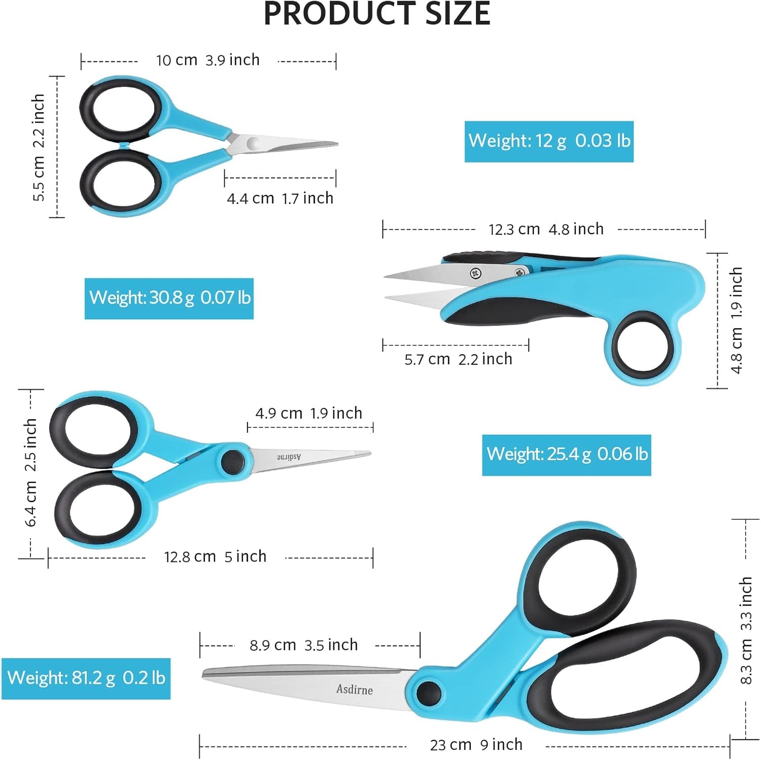 Fabric Scissors, Scissors Set with Sharp Stainless Steel Blade and Soft Handles, Including Sewing Scissors, Craft Scissors, Thread Snipers and Embroidery Scissors, 4Pcs, Blue/Black