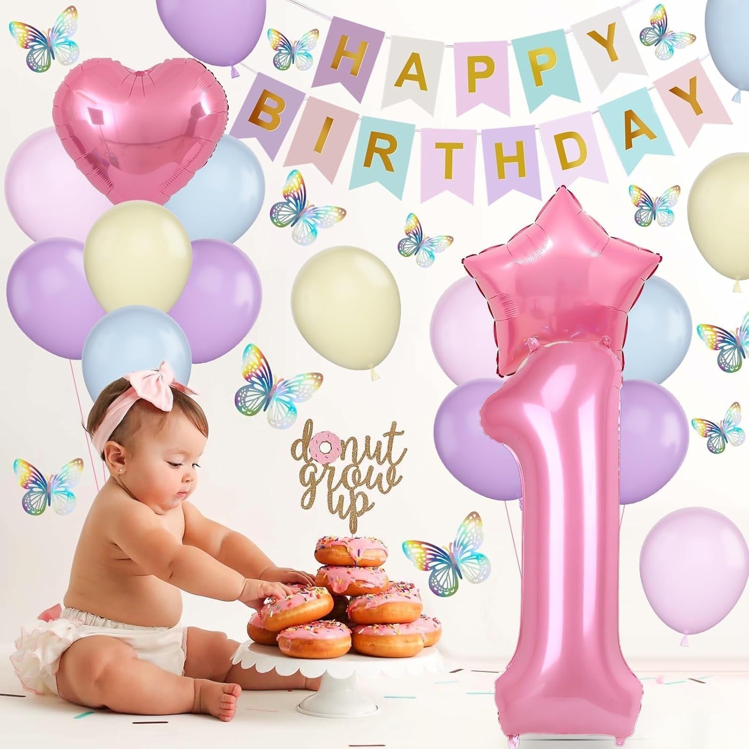St Birthday Decoration for Girls, Pastel Macaron St Birthday Balloon, Pink Number  Balloon with Butterfly Stickers, Star Heart Foil Balloons Banner Set for Baby  Year Old Party Decor