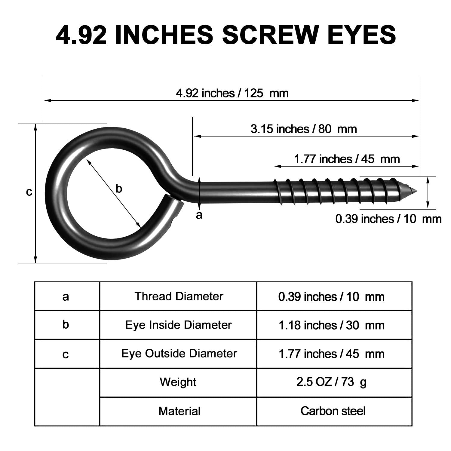 5 Inch Eye Hooks, Eye Bolts Screw in Hooks Stainless Steel, 4 Pcs Heavy Duty Black Large Screw Eye Hooks for Hanging, Tie-Downs, Heavy-Duty Applications