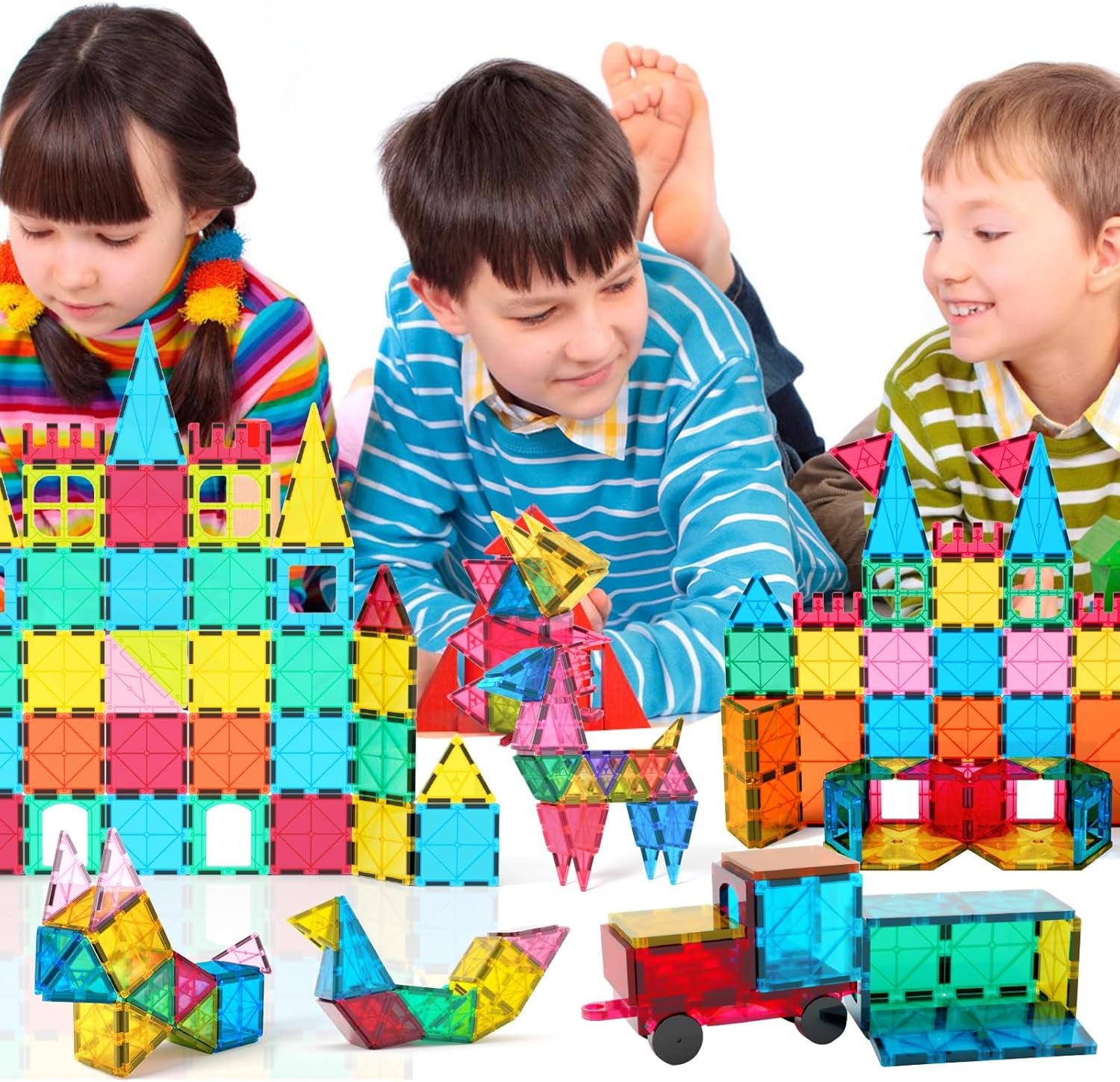 65Pcs Magnetic Tiles Building Blocks Set for Boys Girls Preschool Educational Magnet Construction Kit Stacking STEM Toys Christmas Birthday Gift for Kids Toddler 3 4 5 6 7 8 9 10 + Year Old