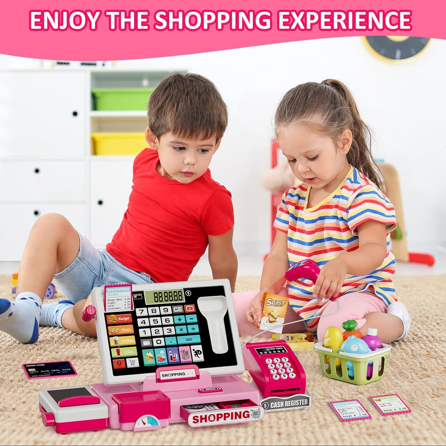 Kids Cash Register Toy Playset with Real Calculator, Toddler Pretend Play Store Incl Scanner/Credit Card/Play Money/Conveyor/Food Toys, Learning Toys Gifts for Girls Ages 4-8 8-12, Pink