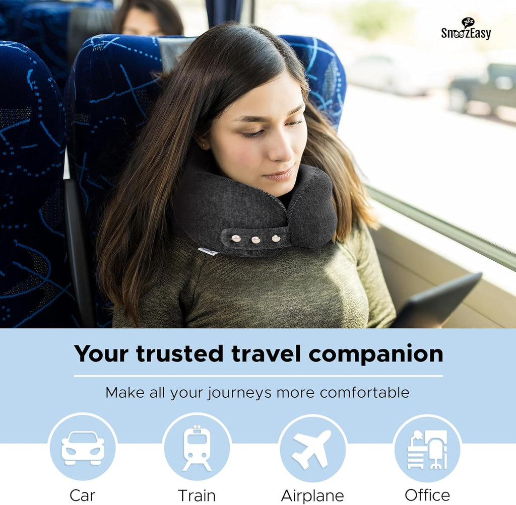 Travel Pillow for Adults | High-Density Memory Foam Neck Pillow for Airplane | Adjustable Flight Travel Cushion with Eye Mask, Ear Plugs, Carry Bag & Carabiner Clip | UK Brand